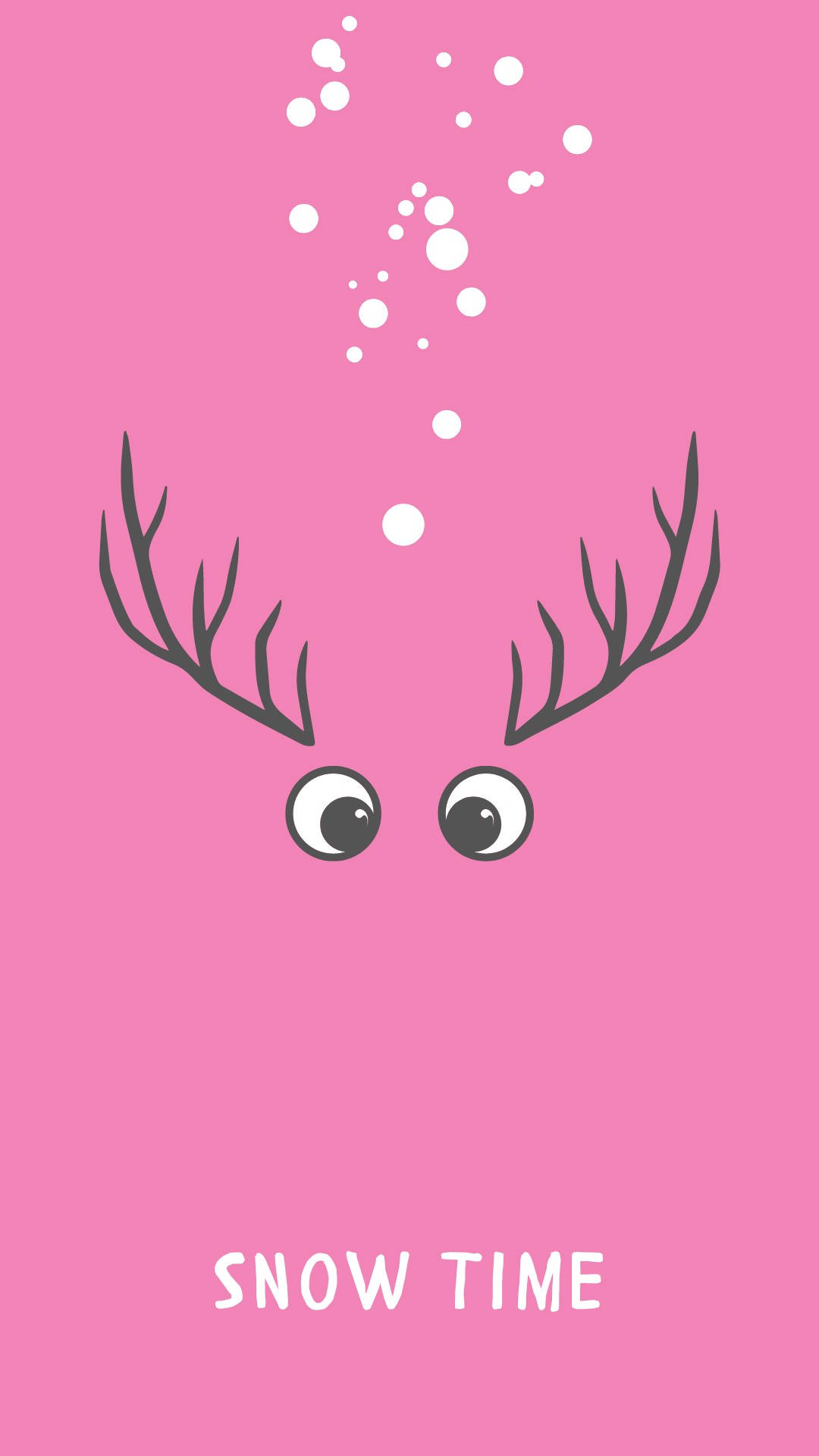 Cute Winter iPhone 桌布 壁紙 — 一張簡約粉紅色桌布，上面有一張可愛的鹿臉，帶有鹿角和咕嚕眼，在文字 snow time 上方呼出雪花。