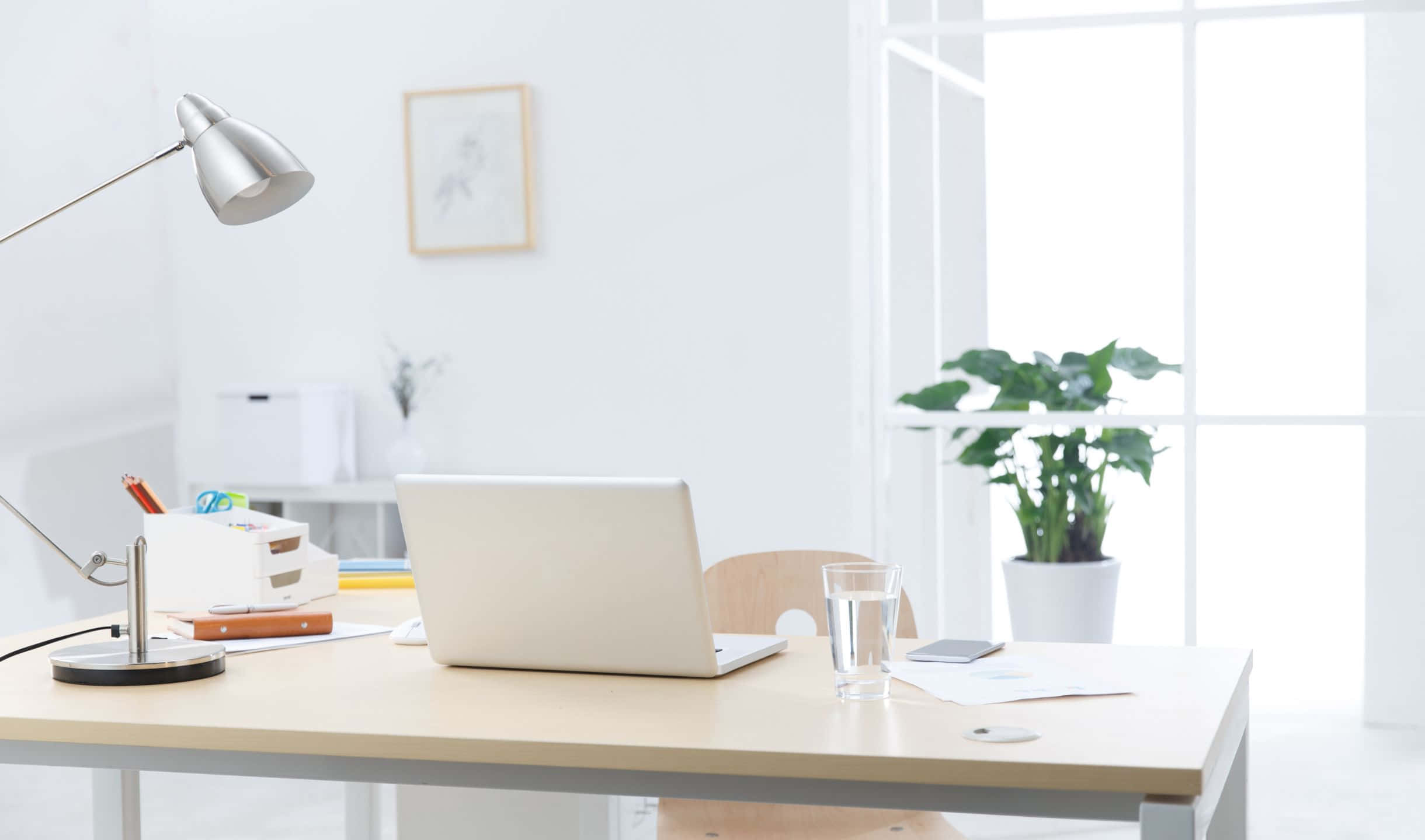 Office Desk 桌布 壁紙 — 一張簡約風格的白色書桌，上面放著筆記型電腦、一杯水和一盆盆栽，沐浴在大窗戶透進的明亮自然光中。