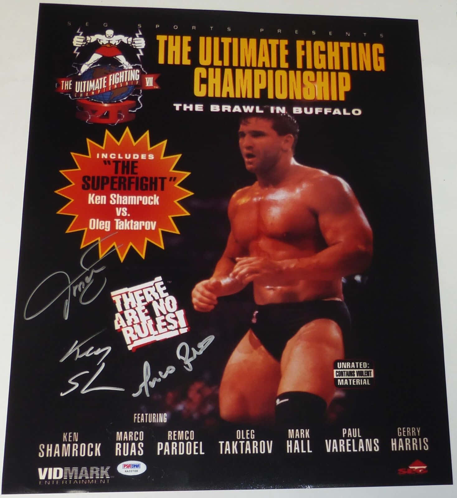 MMA 桌布 壁紙 — 一張簽名版The Ultimate Fighting Championship宣傳海報，展示Ken Shamrock的戰鬥姿勢，背景為黑色，並有粗體橙色和白色文字。