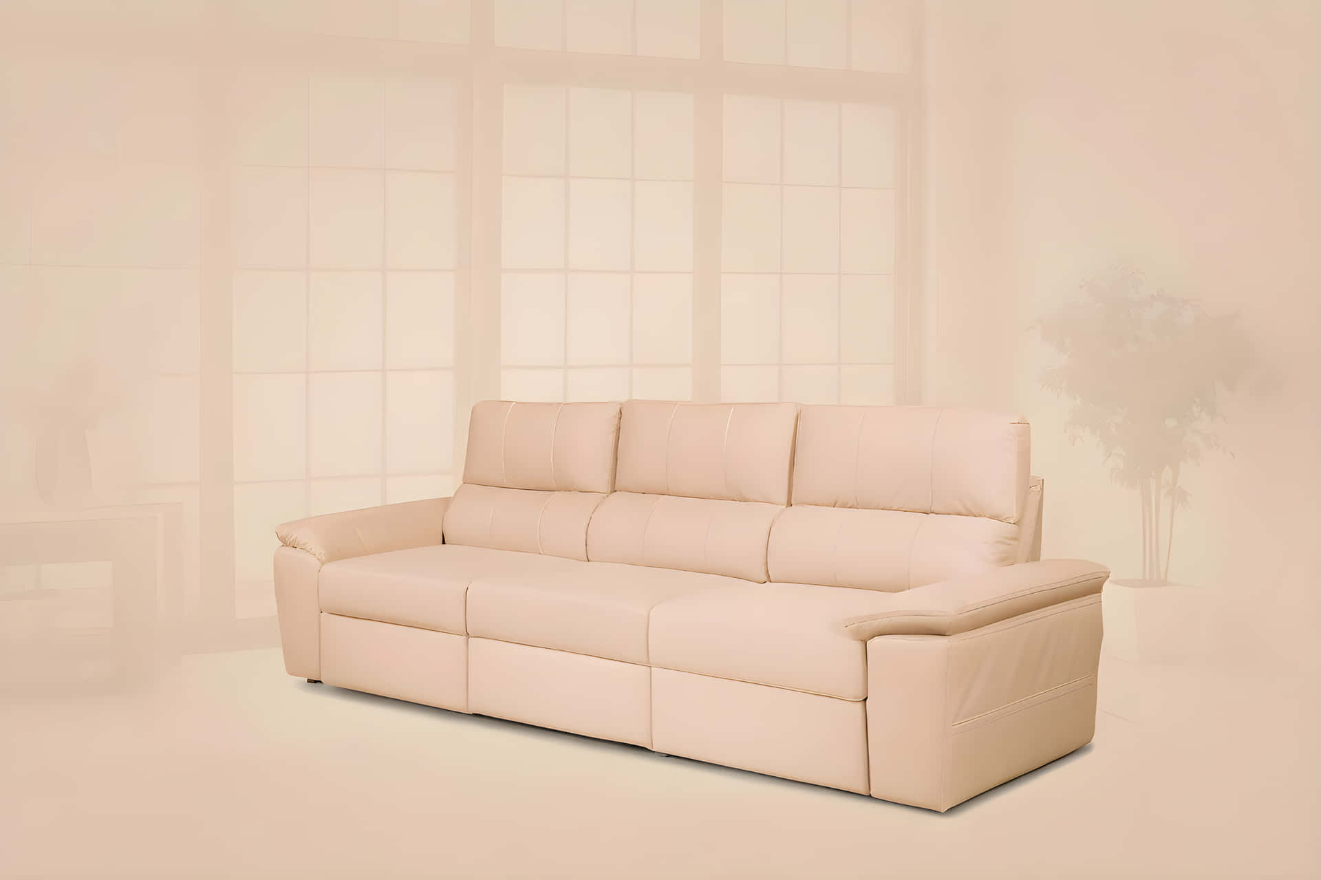 Beautiful Sofa set 壁紙 — 一張米色皮革組合沙發，配有簇絨靠背墊，位於光線柔和、簡約風格的房間內，有大窗戶和盆栽植物。