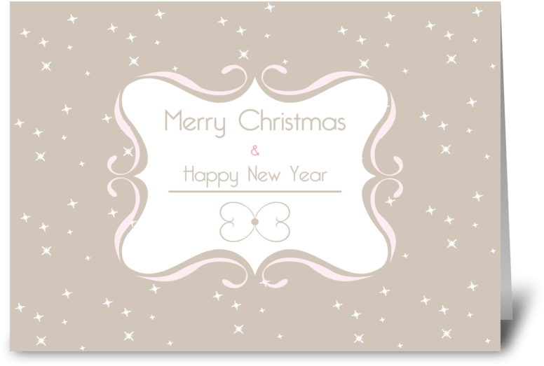 Christmas Card 桌布 壁紙 — 一張米色節日賀卡，帶有白色星星和粉紅色華麗邊框，上面寫著「聖誕快樂 & 新年快樂」。
