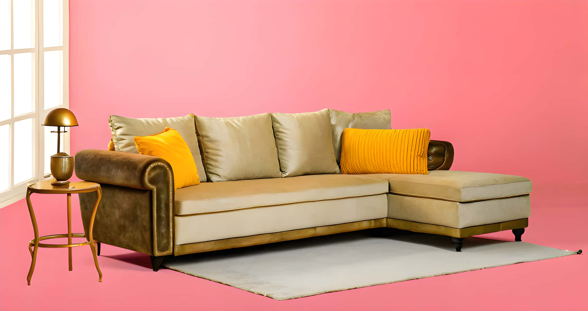 Beautiful sofa for home decorations 壁紙 — 一張米色組合沙發配芥末黃色靠墊，放在白色地毯上，靠著充滿活力的粉紅色牆壁，旁邊有金色邊桌和燈。