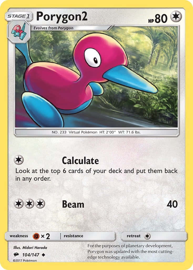 Pokemon Card 桌布 壁紙 — 一張粉紅色和藍色的 Porygon2 寶可夢卡牌，帶有叢林背景和遊戲統計數據。