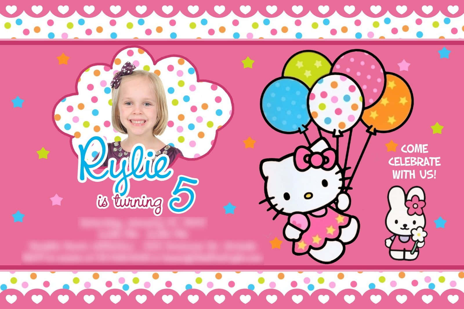 Hello Kitty Birthday 桌布 壁紙 — 一張粉紅色快樂生日邀請卡，上面有微笑的女孩Rylie五歲生日，Hello Kitty拿著氣球。