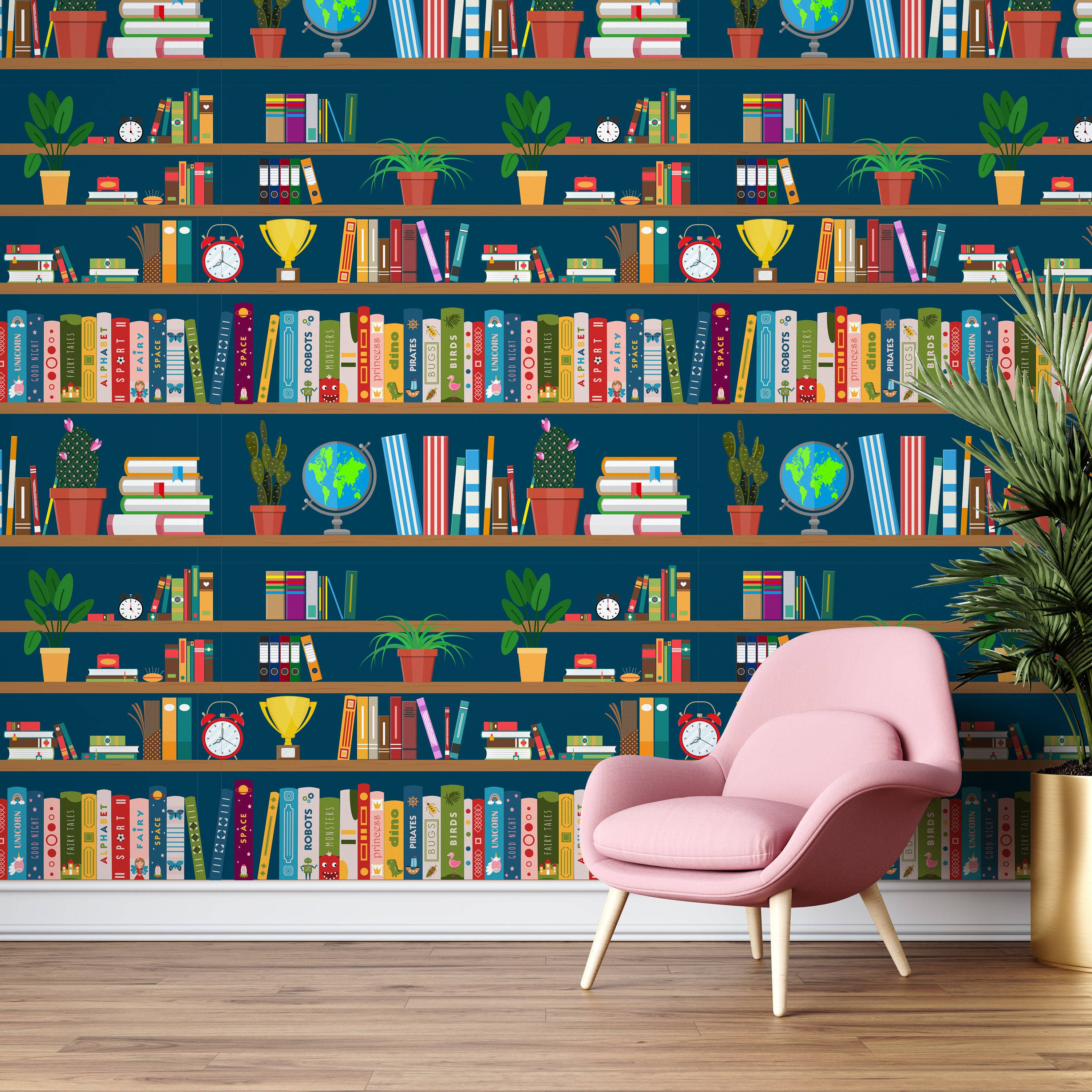 chair 桌布 壁紙 — 一張粉紅色扶手椅放在充滿書籍、獎盃、植物和地球儀的鮮豔插圖書架壁紙前。