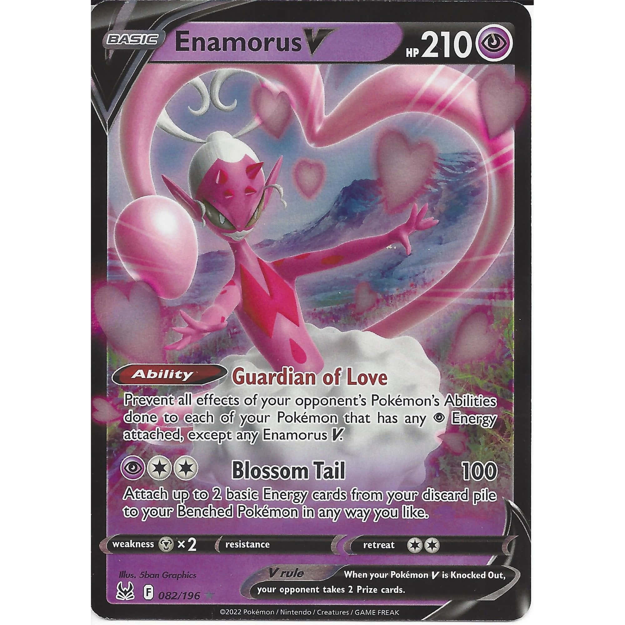寶可夢 桌布 壁紙 — 一張粉紅色的Enamorus V寶可夢卡，周圍有心形圖案旋轉，背景是山脈。