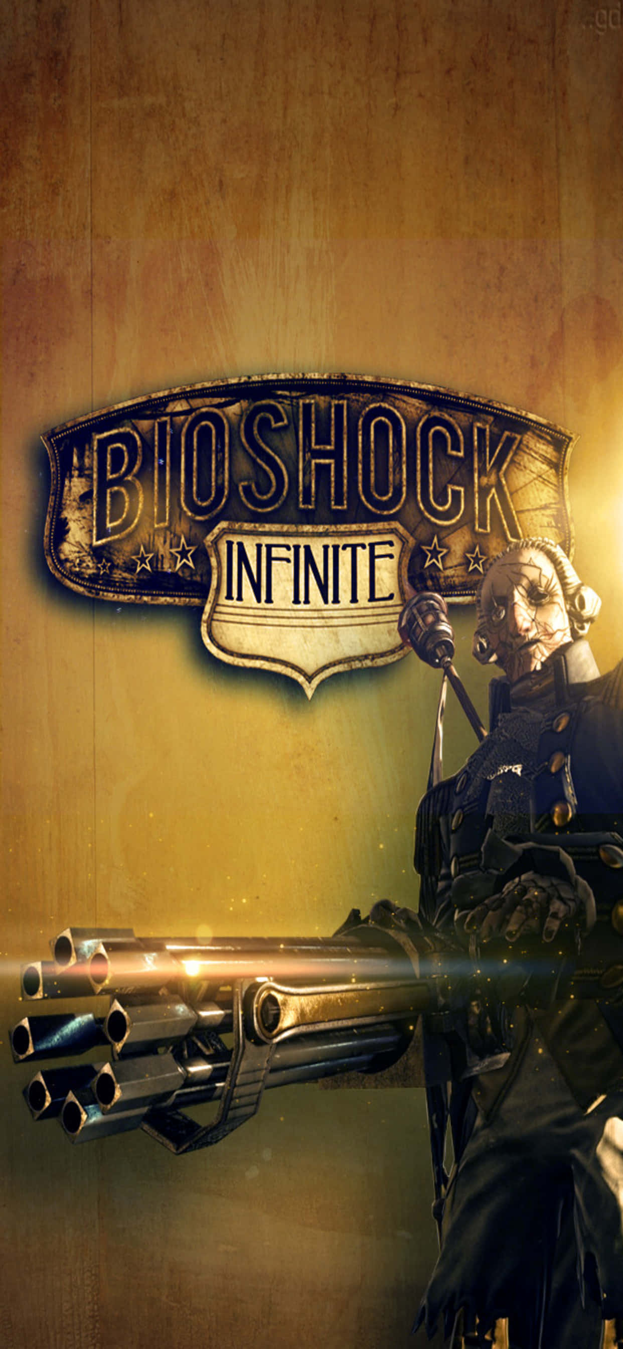 人像動態 桌布 壁紙 — 一張粗獷的Bioshock Infinite海報，展示一名士兵手持多管武器，背景為溫暖的紋理背景。