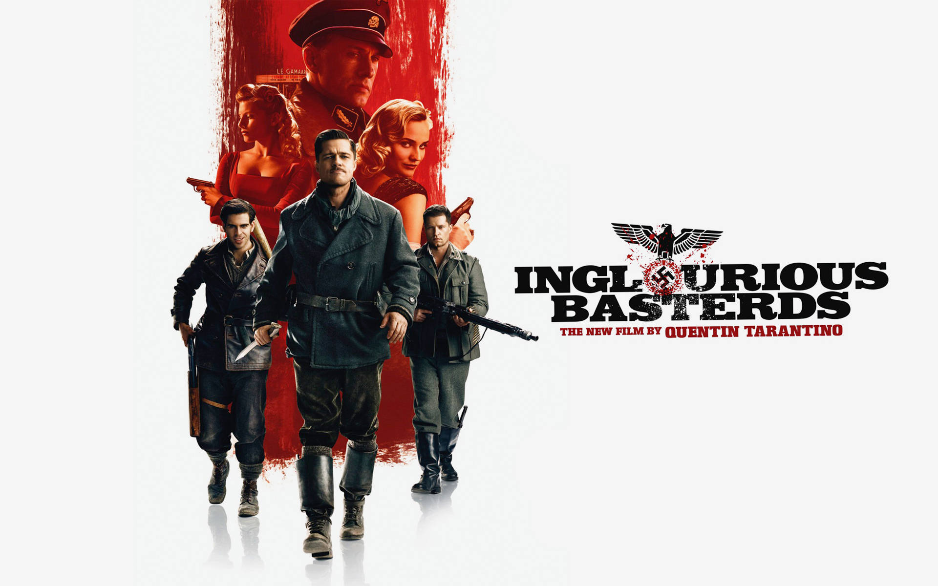 Inglourious Basterds 桌布 壁紙 — 一張粗獷的二戰電影海報，士兵和女性在鮮紅色背景上，標題為Inglourious Basterds。