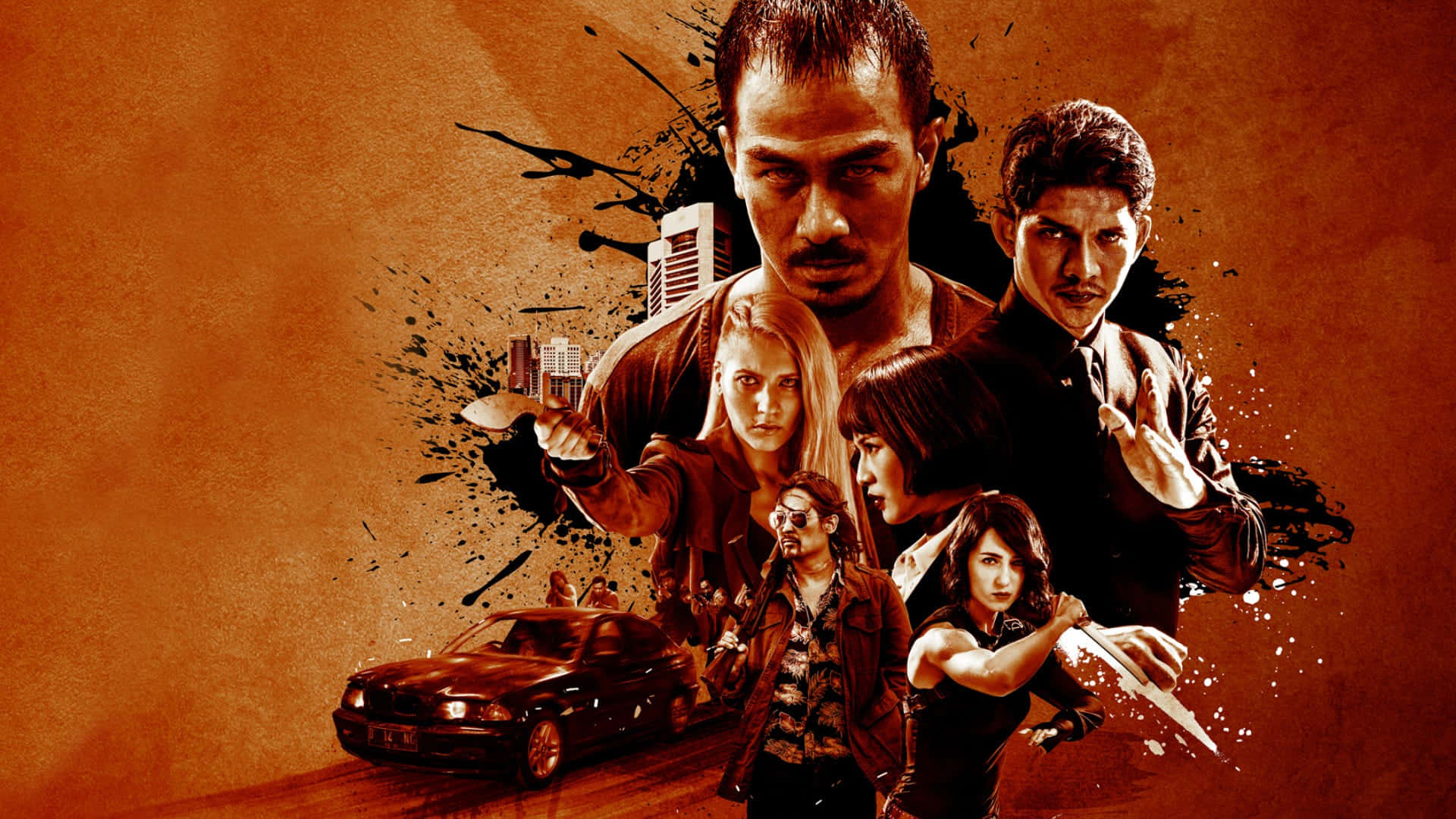 Action Movie 桌布 壁紙 — 一張粗獷的動作電影海報，以強烈的角色和黑色汽車為特色，背景為帶有紋理的橙色，並有飛濺效果。