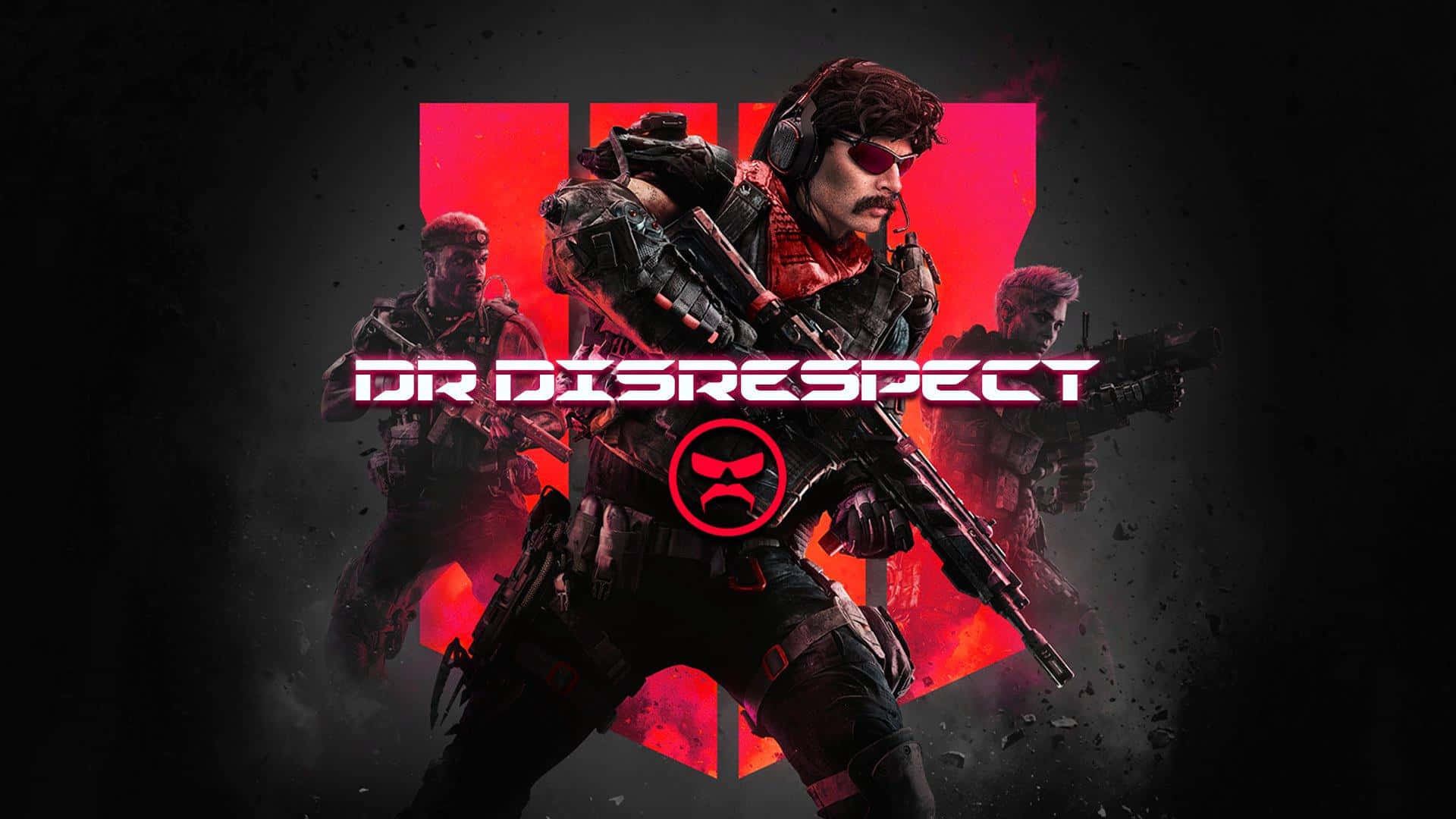 電玩遊戲 桌布 壁紙 — 一張粗獷的數位藝術海報，Dr Disrespect 身穿戰術裝備與兩名隊友站在紅色抽象背景前。