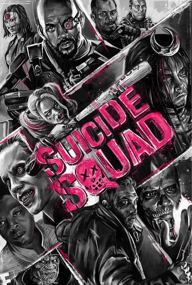 The Suicide Squad 桌布 壁紙 — 一張粗獷的漫畫風格海報，為《自殺突擊隊》設計，以黑白強烈角色和粗體粉紅標題文字為特色。