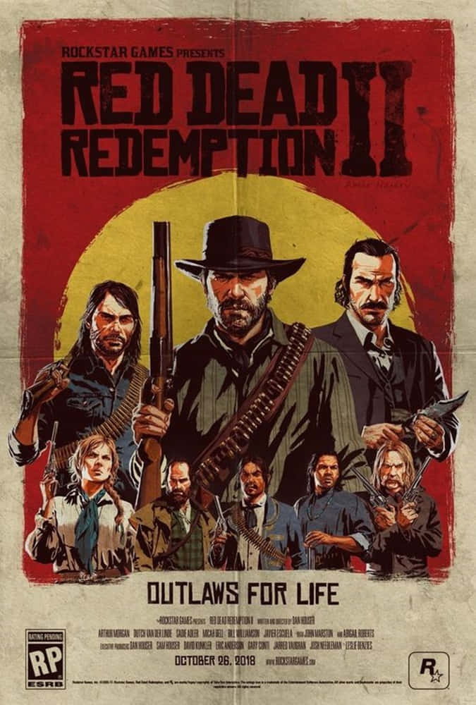 Red Dead Redemption II 遊戲海報，七名武裝亡命之徒角色。 — 碧血狂殺2 GIF 壁紙
