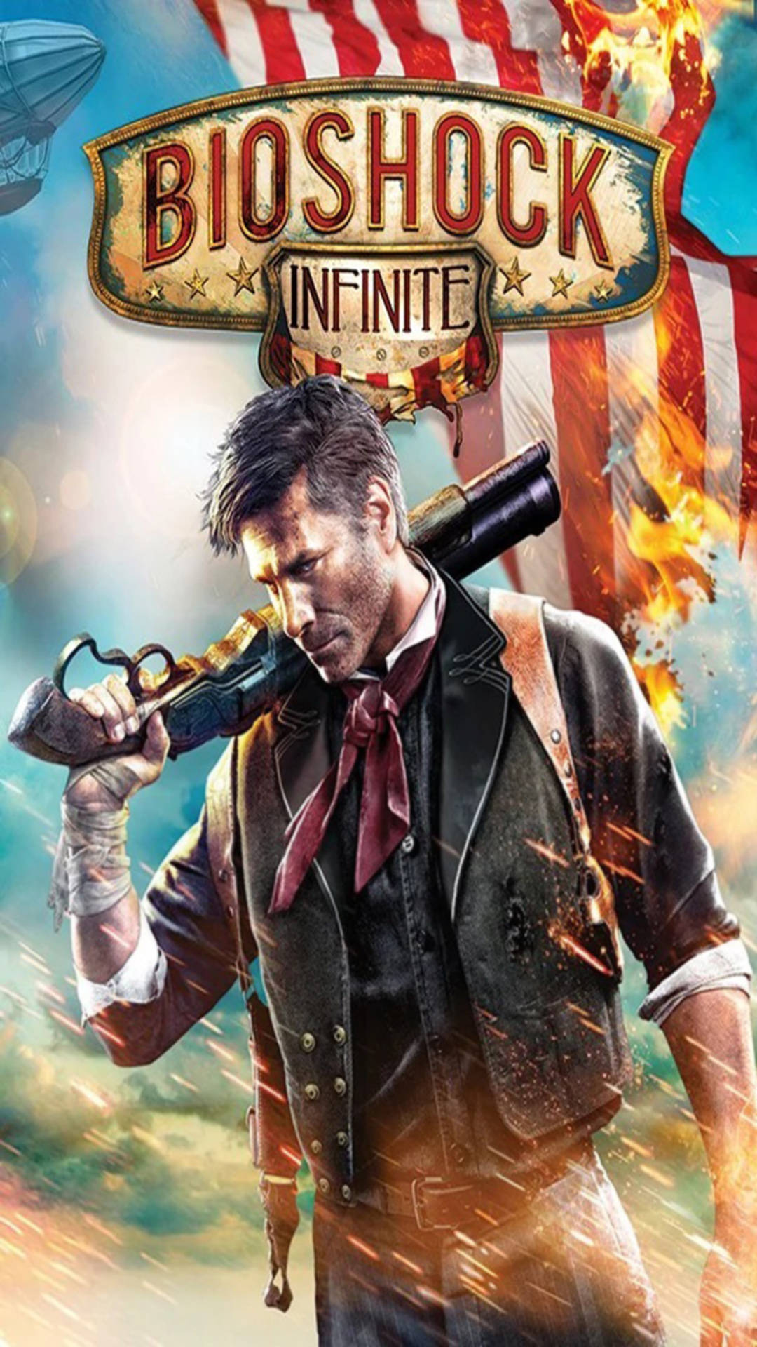 Bioshock Infinite iPhone 桌布 壁紙 — 一張粗獷的遊戲海報顯示一名男子肩上扛著武器，背景是熾熱的美國國旗。