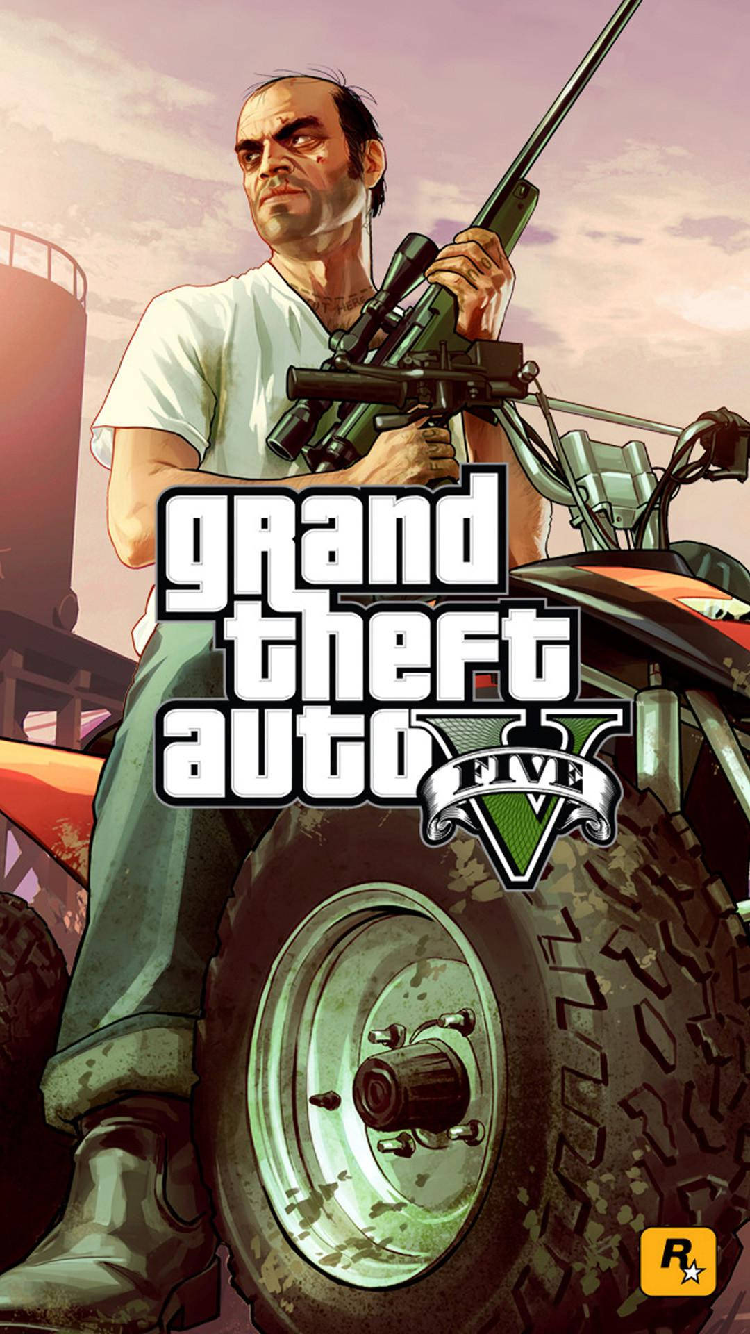 Gta 桌布 壁紙 — 一張粗獷的電子遊戲海報，描繪一名男子在夕陽天空下騎在ATV上手持步槍。