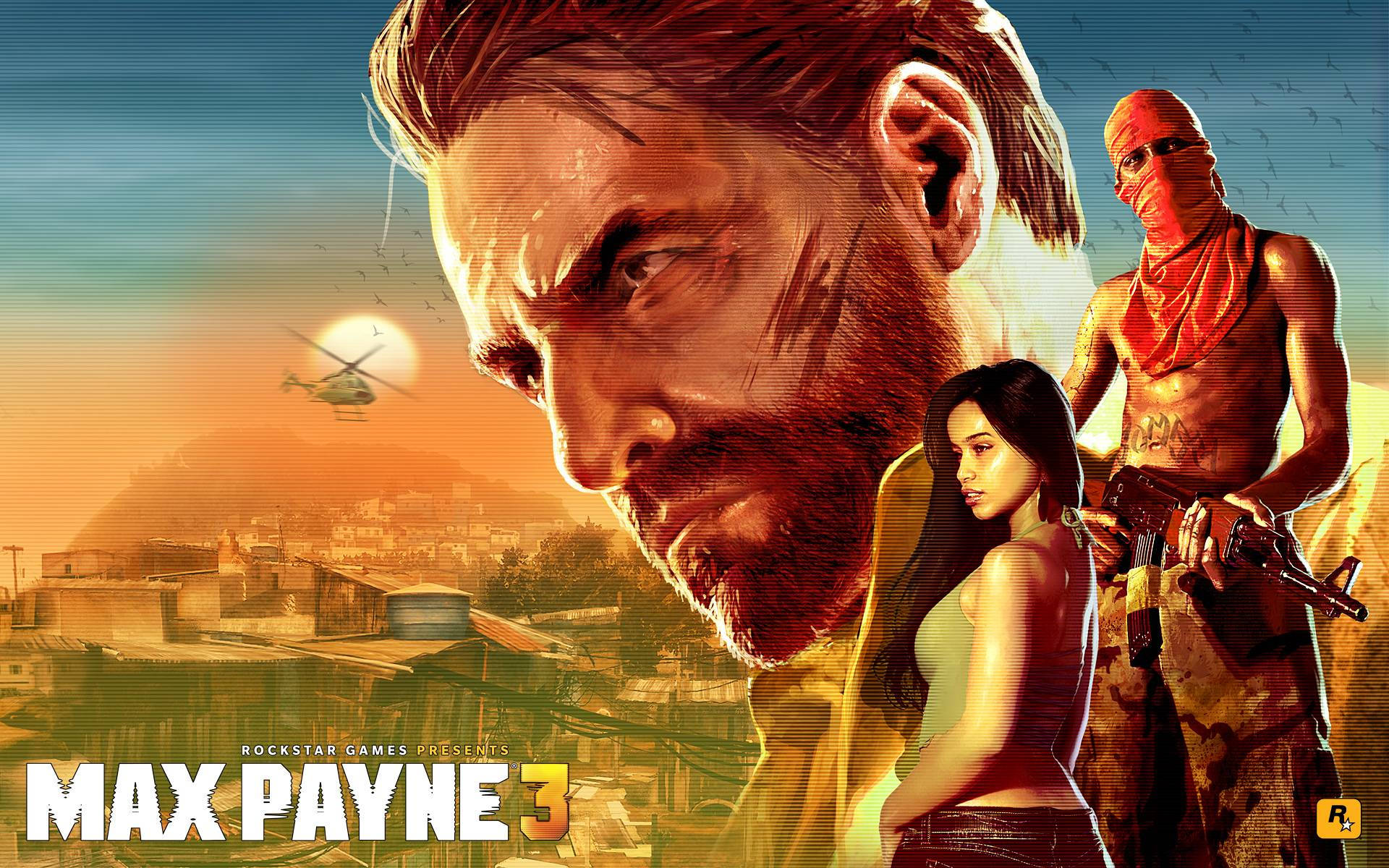 Max Payne 桌布 壁紙 — 一張粗獷的電玩海報，描繪一個留鬍子的男人側面、一個穿背心的女人，以及一個戴面具、持步槍的槍手，背景是陽光普照的城市。