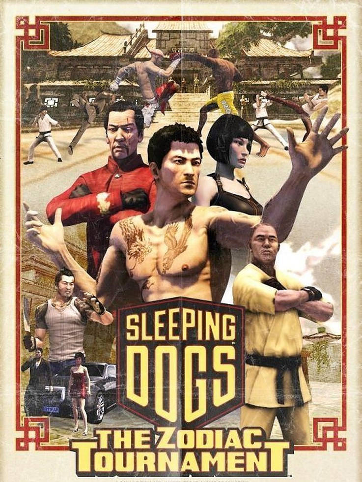 Sleeping 桌布 壁紙 — 一張粗獷的電玩海報，描繪肌肉發達的戰士在傳統亞洲庭院背景下擺出武術姿勢。