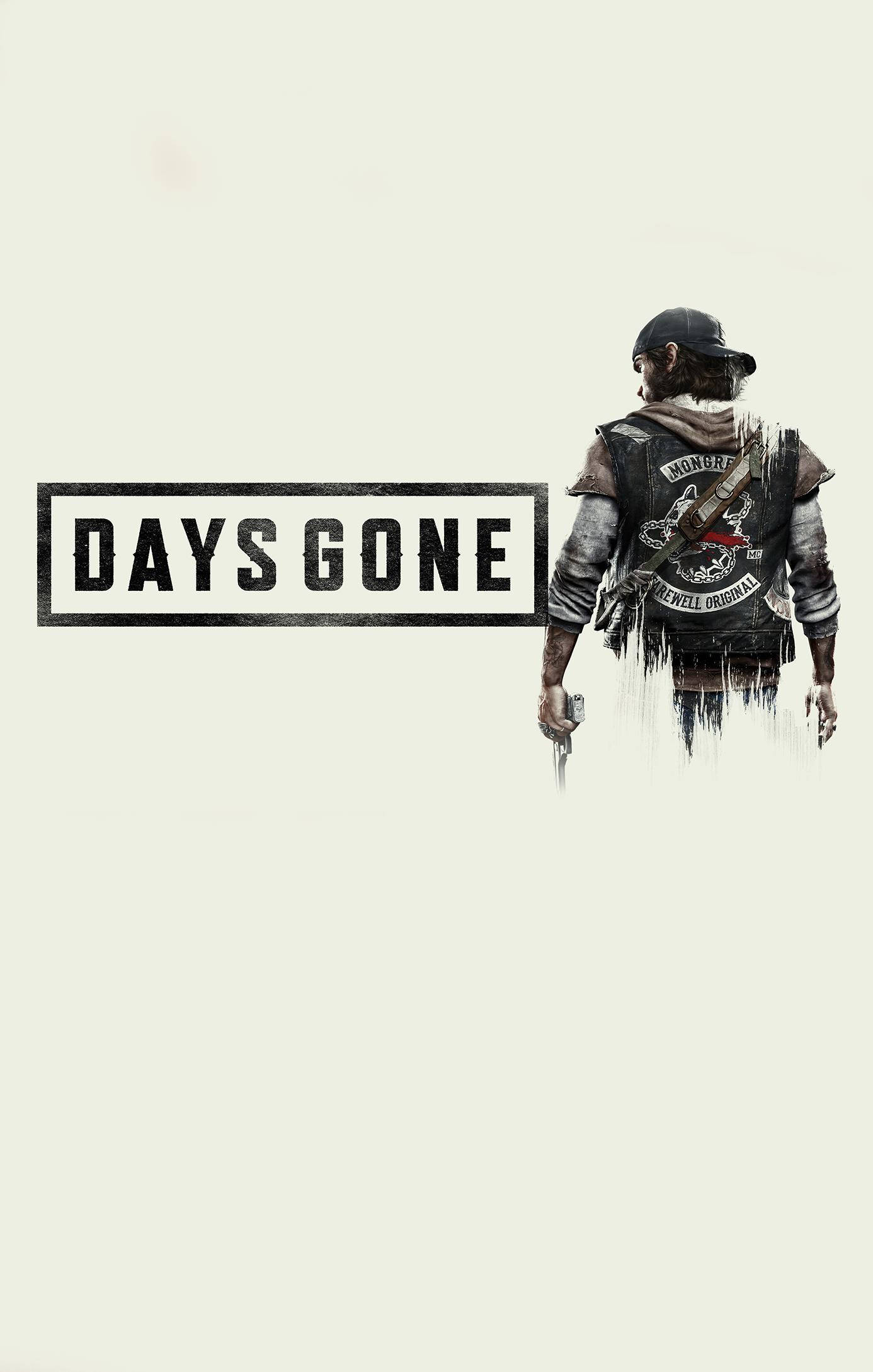 gone 桌布 壁紙 — 一張粗獷的電玩海報顯示一個穿著皮背心的男人拿著槍，背景蒼白，標題為Days Gone。