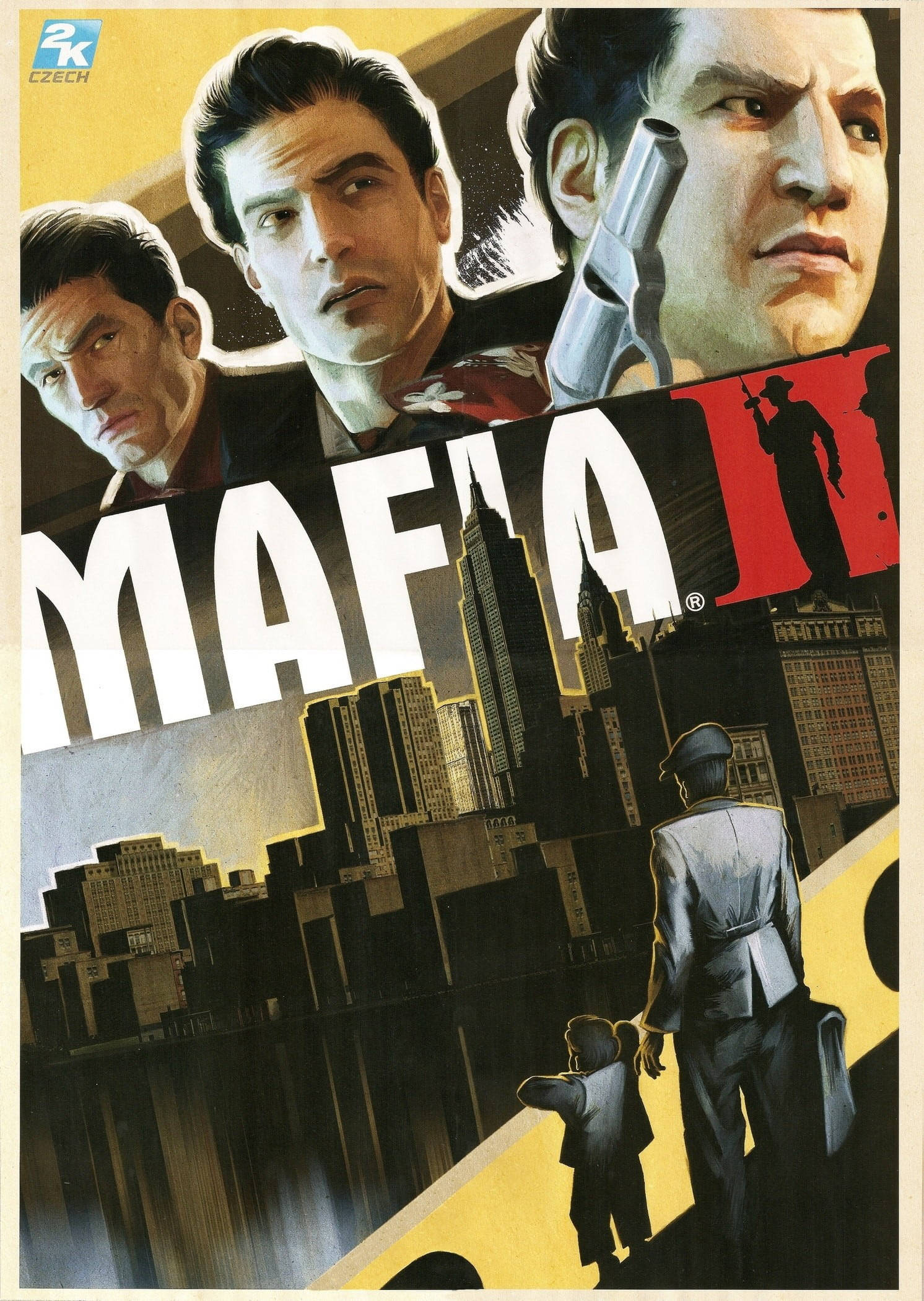 Mafia 桌布 壁紙 — 一張粗獷的黑幫遊戲海報，三名持槍男子與金色光線下的城市天際線。