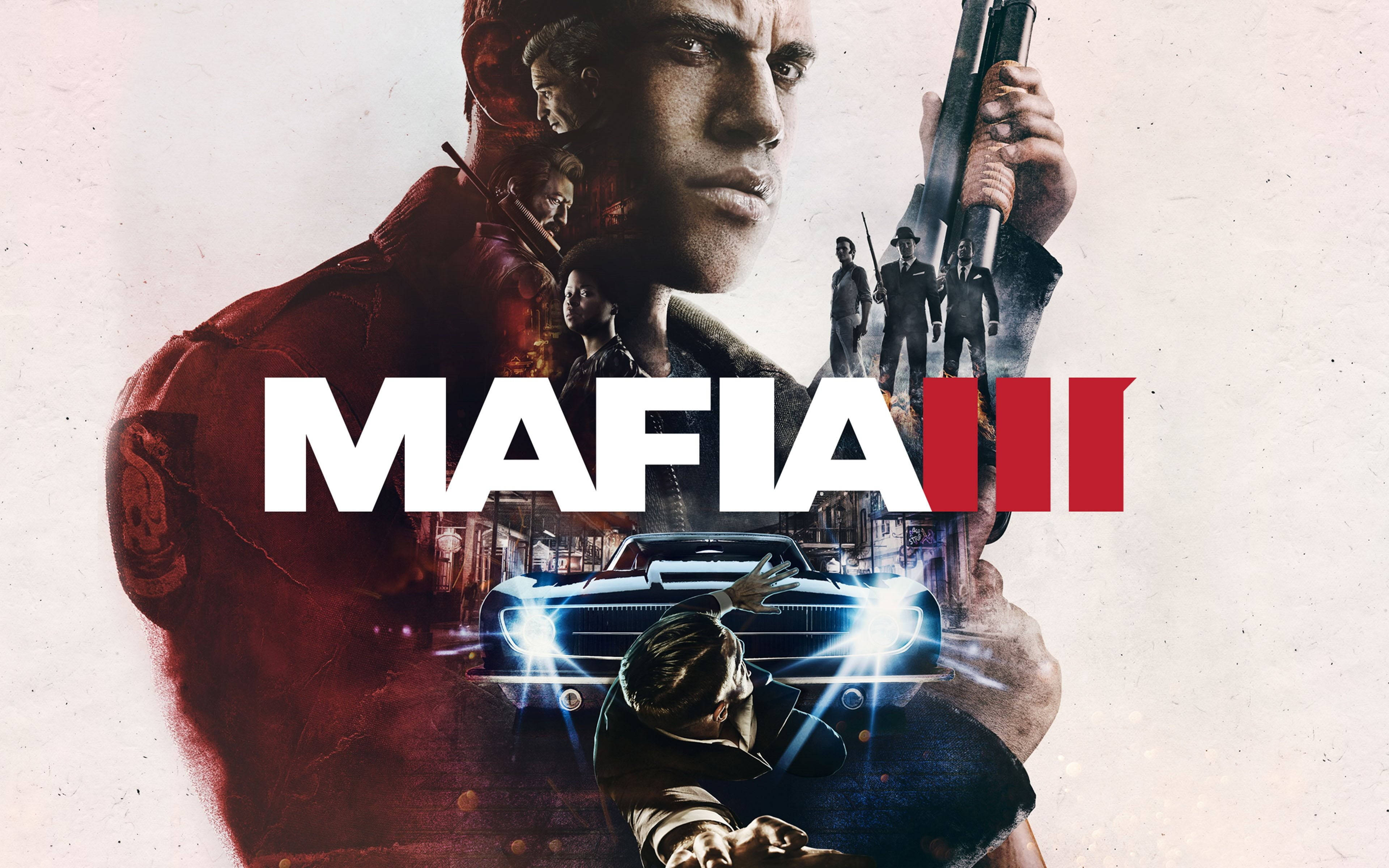 Mafia 桌布 壁紙 — 一張粗獷的黑手黨遊戲海報，背景中一名嚴肅的男子手持槍支，身後有一輛復古汽車和團隊。
