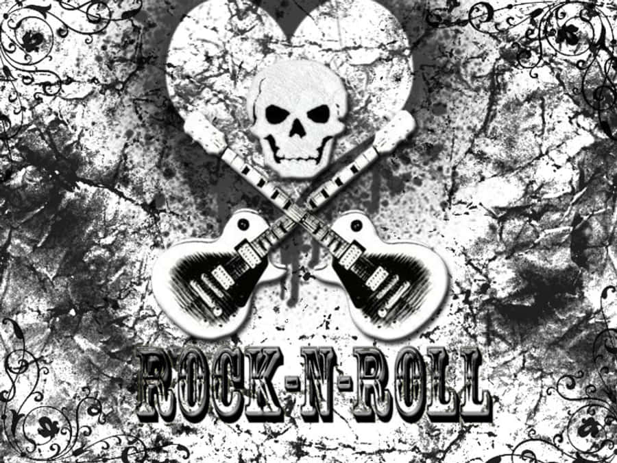 rock and roll 桌布 壁紙 — 一張粗獷的黑白搖滾壁紙，心形內有交叉的電吉他位於骷髏頭下方，周圍環繞著華麗的漩渦紋。