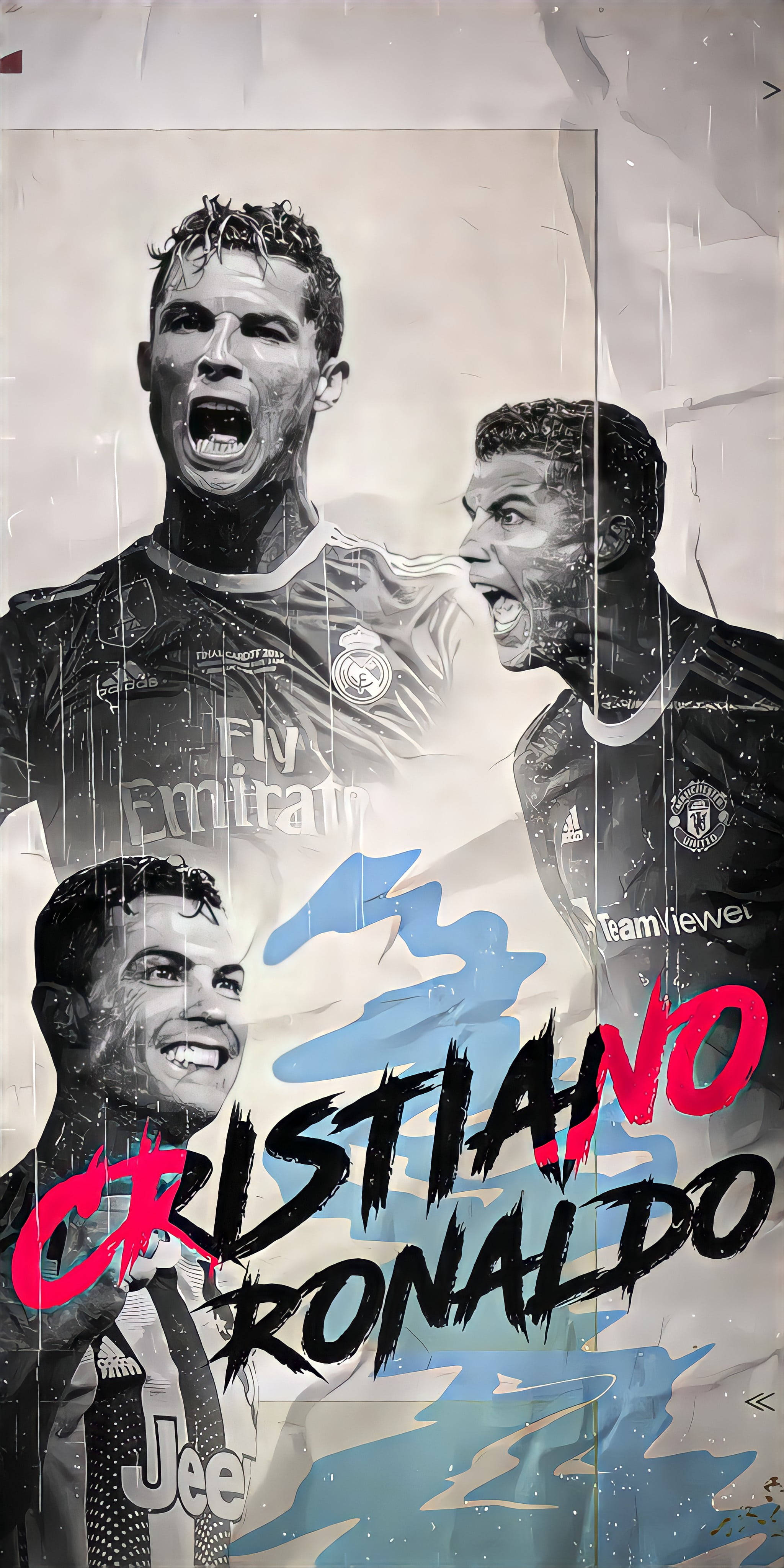 Ronaldo 桌布 壁紙 — 一張粗獷風格的海報，展示克里斯蒂亞諾·羅納度穿著不同足球球衣的三種強烈表情，並帶有粗體塗鴉風格文字。