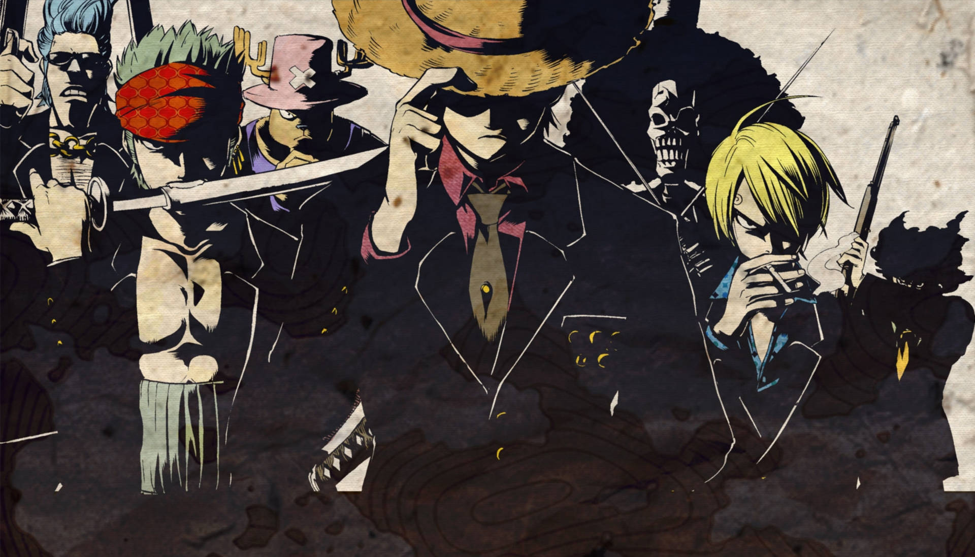 Sanji 桌布 壁紙 — 一張粗糙的動漫壁紙，以一群風格化的海盜手持劍和槍，背景為紋理化的黑暗背景。