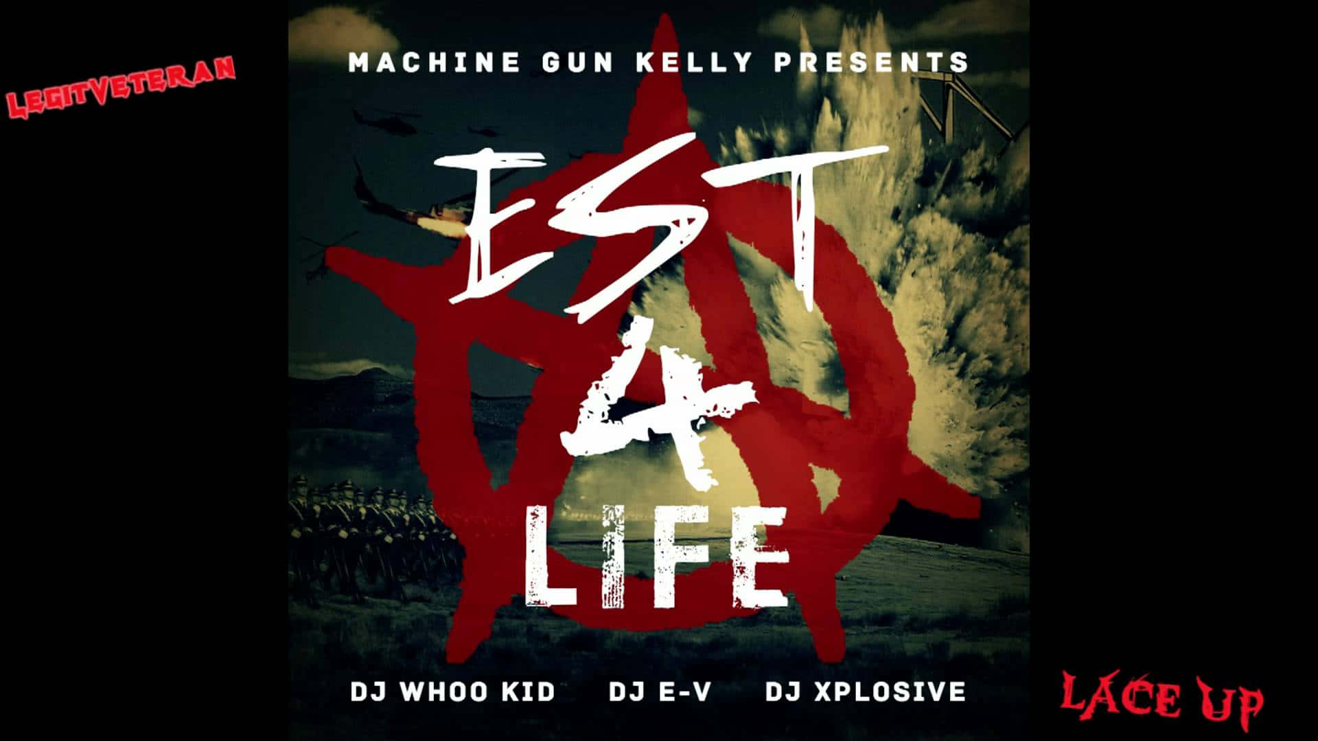 mgk 桌布 壁紙 — 一張粗糙的專輯封面，暴風雨的天空上有一個紅色的無政府主義符號，下方有剪影人物。
