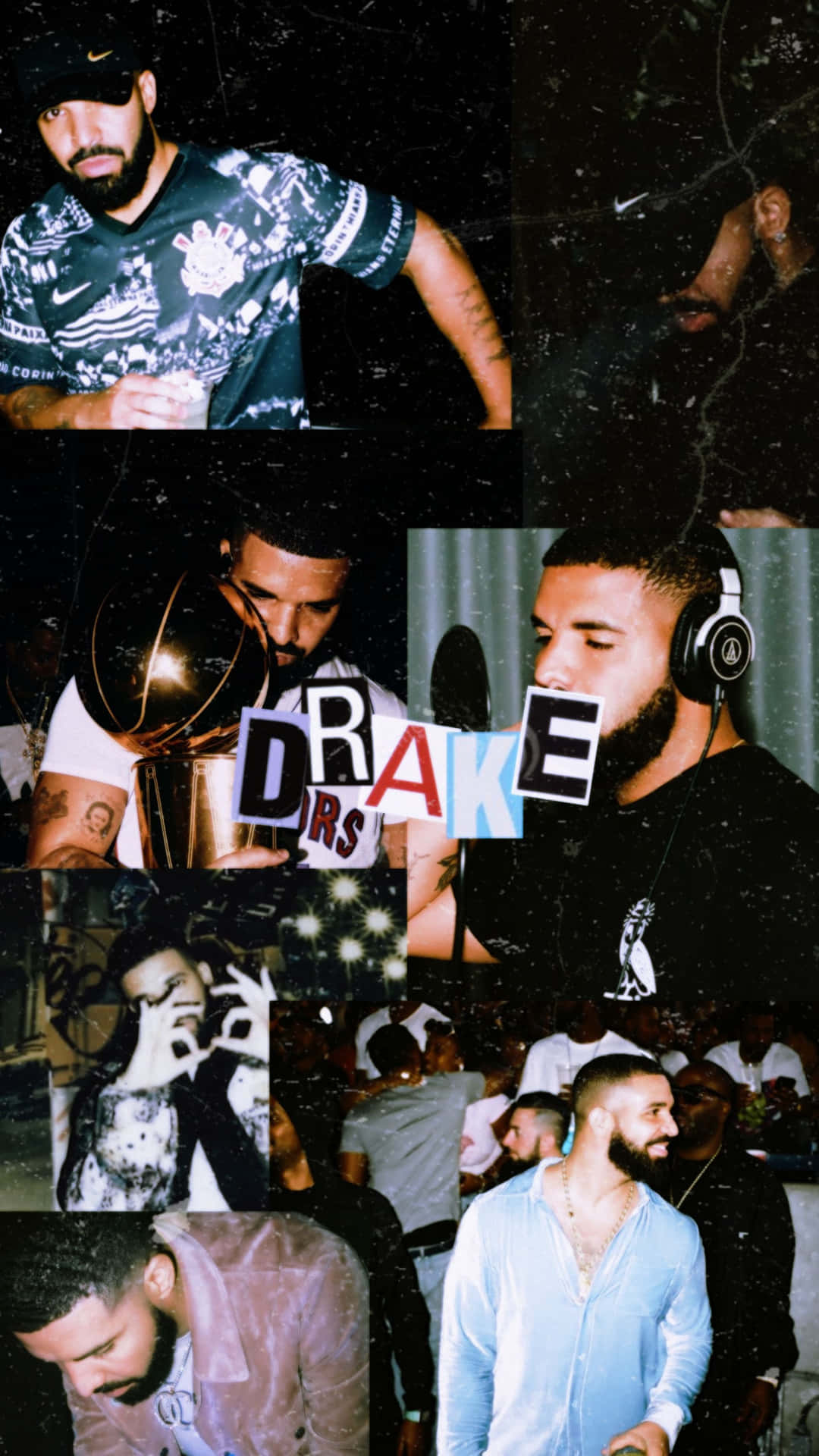 Aesthetic Drake 桌布 壁紙 — 一張粗糙的拼貼畫，Drake 以各種姿勢戴著耳機、拿著獎盃，在昏暗的環境中擺姿勢。