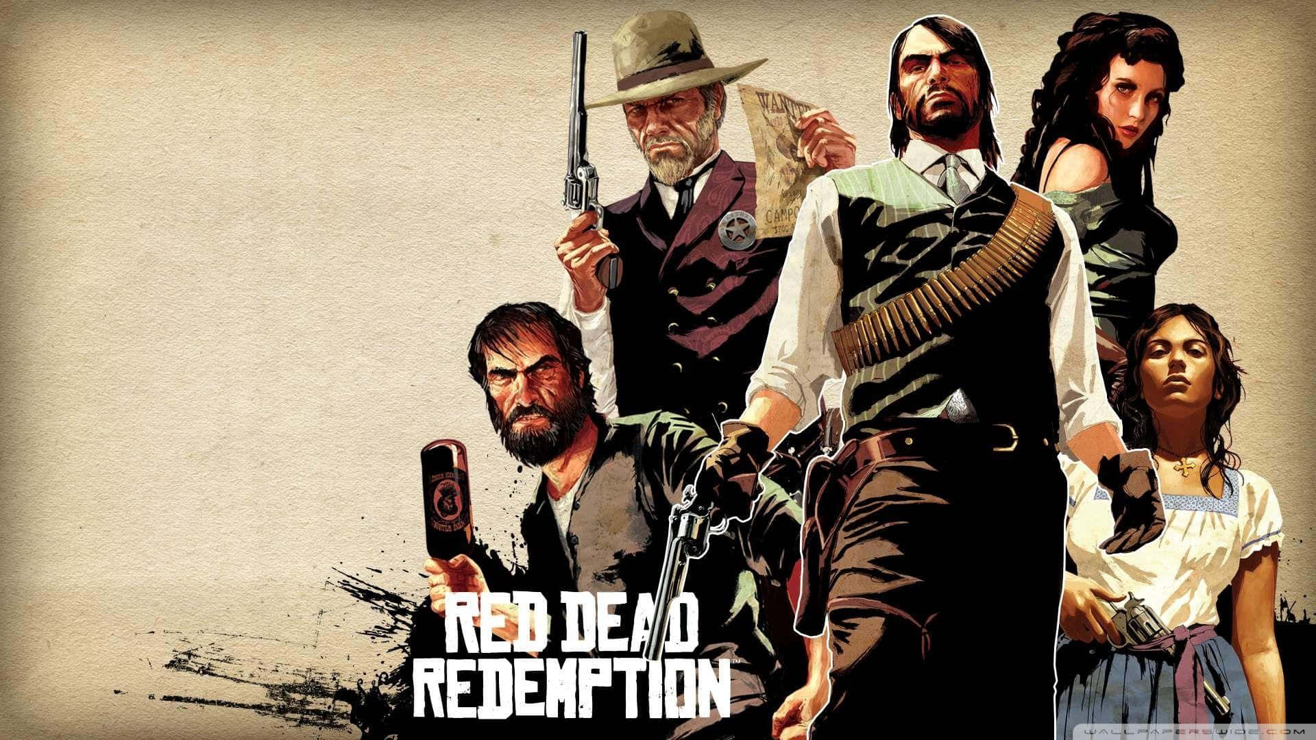 Red Dead Redemption 4K 桌布 壁紙 — 一張粗糙的插圖海報，描繪了五位持槍牛仔和一位女性，背景為有紋理的米色西部場景。