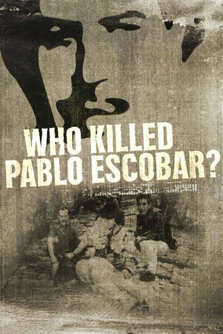 Pablo 桌布 壁紙 — 一張粗糙的棕褐色調海報，一個巨大的陰影面孔籠罩在兩個坐在粗體文字下方的男人上方，文字問誰殺了巴勃羅·埃斯科巴。