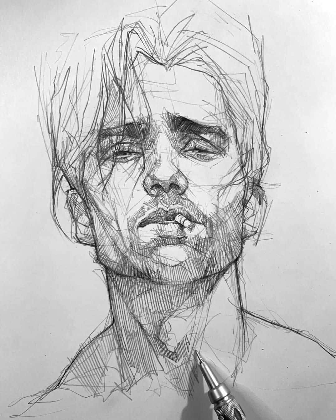 Sketch Art 桌布 壁紙 — 一張粗糙的男人面孔素描，口中叼著菸，用混亂的鉛筆線條畫在白紙上。