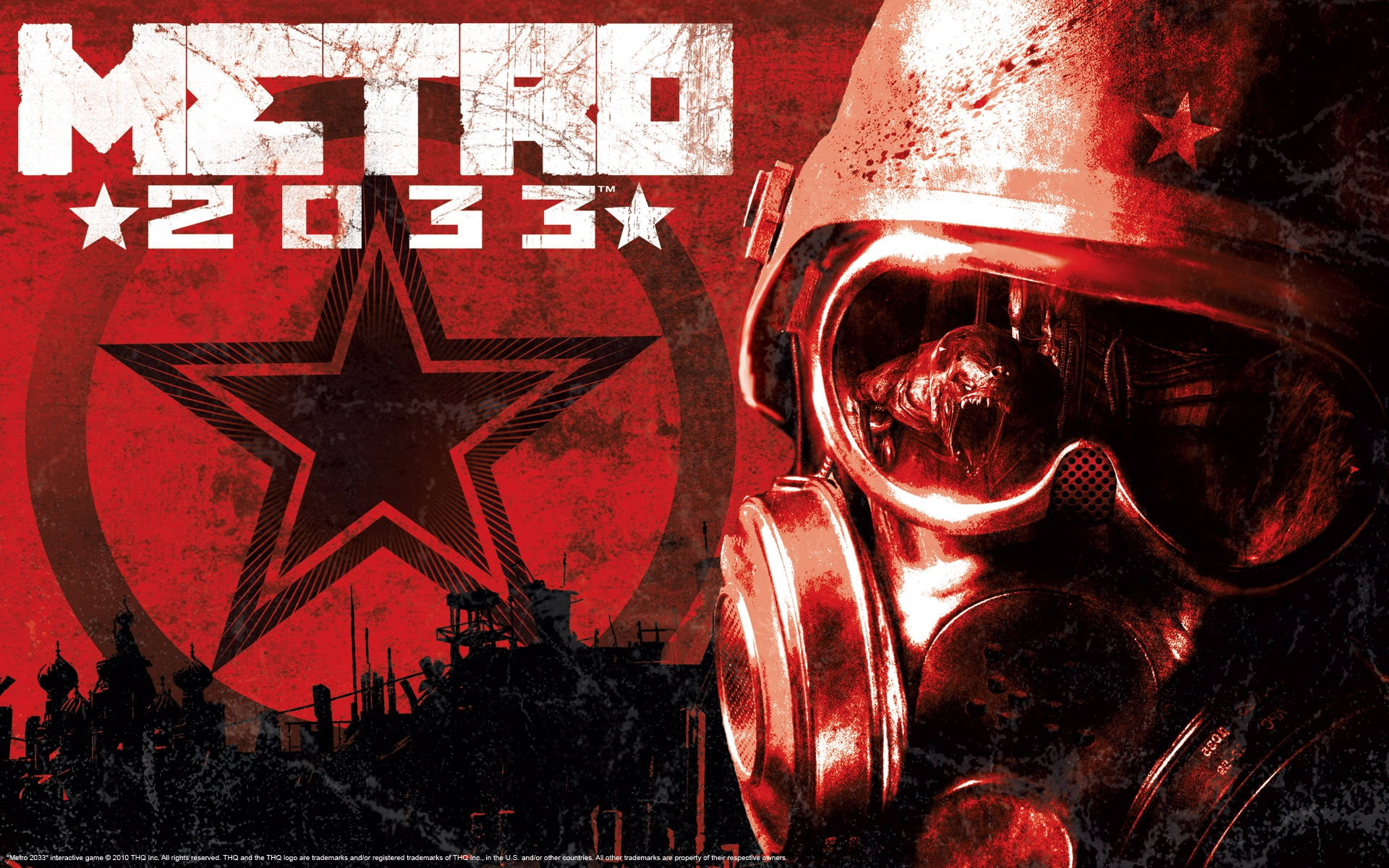 Metro 2033 桌布 壁紙 — 一張粗糙的紅色調《地鐵2033》海報，描繪一名戴防毒面具的士兵，背景是蘇聯星標。