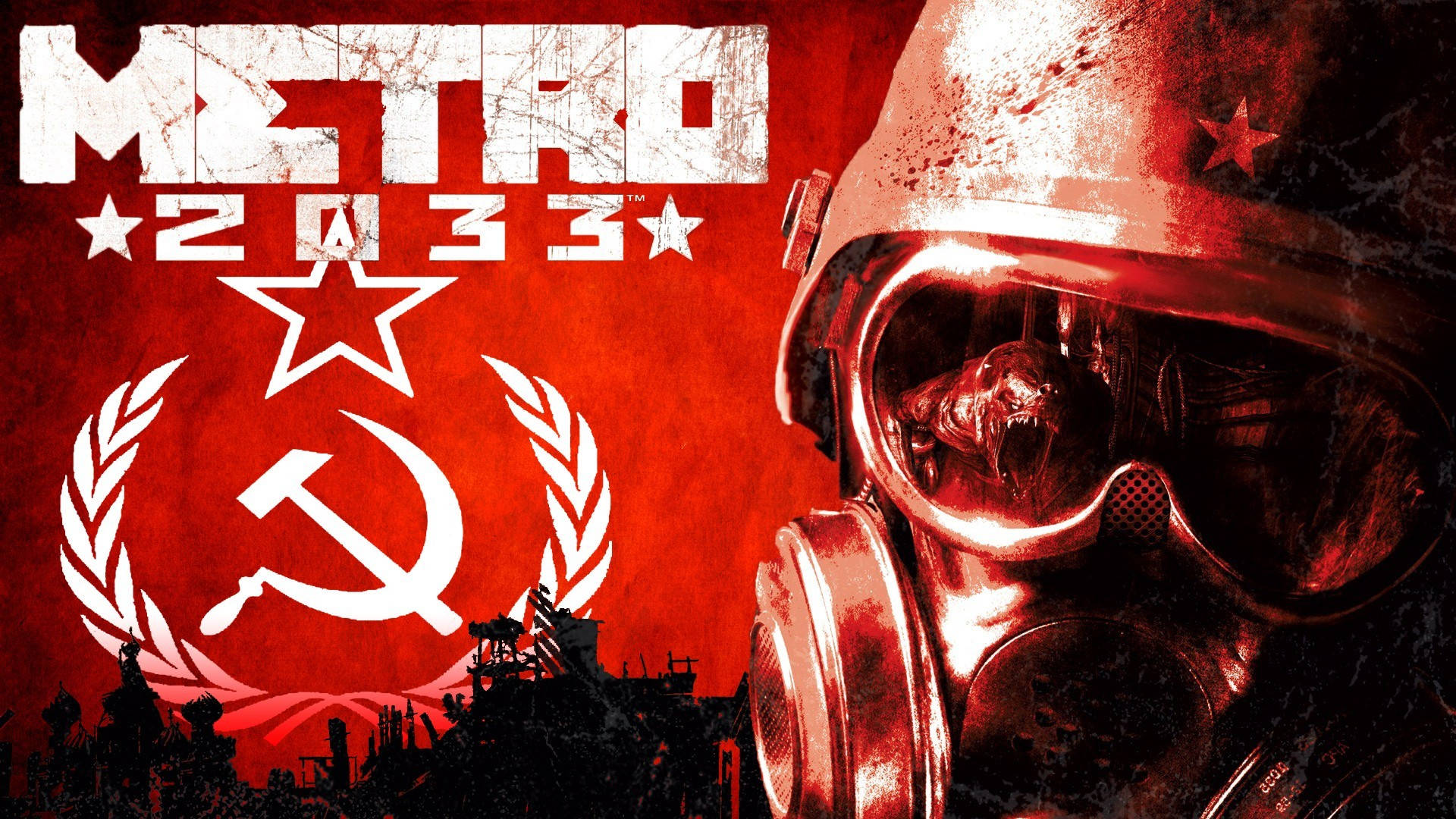 Union 桌布 壁紙 — 一張粗糙的紅色調Metro 2033海報，描繪戴著防毒面具的人物，背景是蘇聯標誌和廢墟城市景觀。