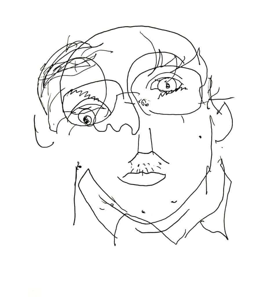 Black And White Drawings 桌布 壁紙 — 一張粗糙的草圖，描繪了一個扭曲的人臉，帶有誇張的眼睛和鬆散的線條，背景為白色。
