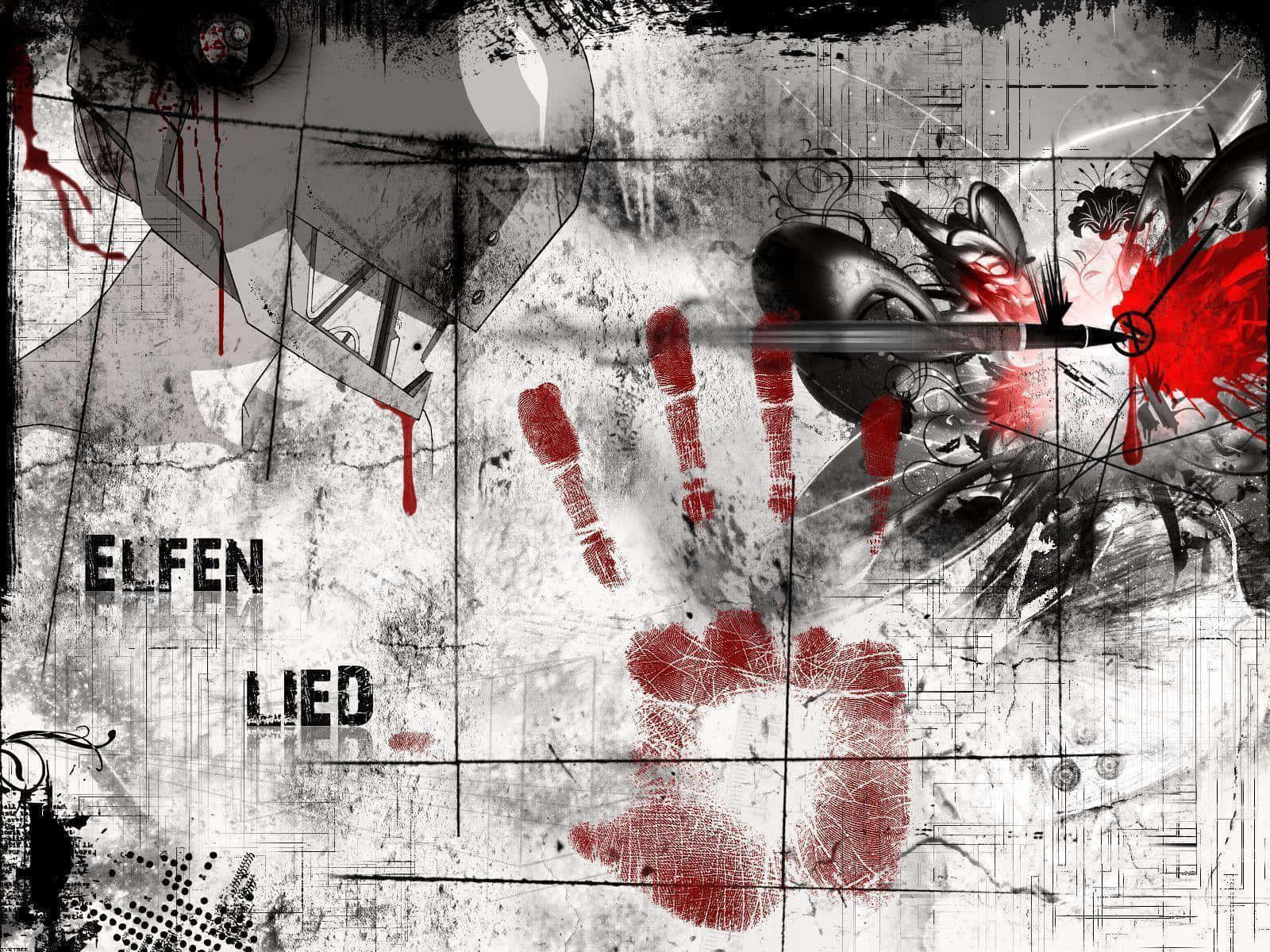 Elfen Lied 桌布 壁紙 — 一張粗糙的黑白壁紙，帶有紅色手印和血跡，覆蓋在骯髒的紋理背景上，並帶有文字「ELFEN LIED」。