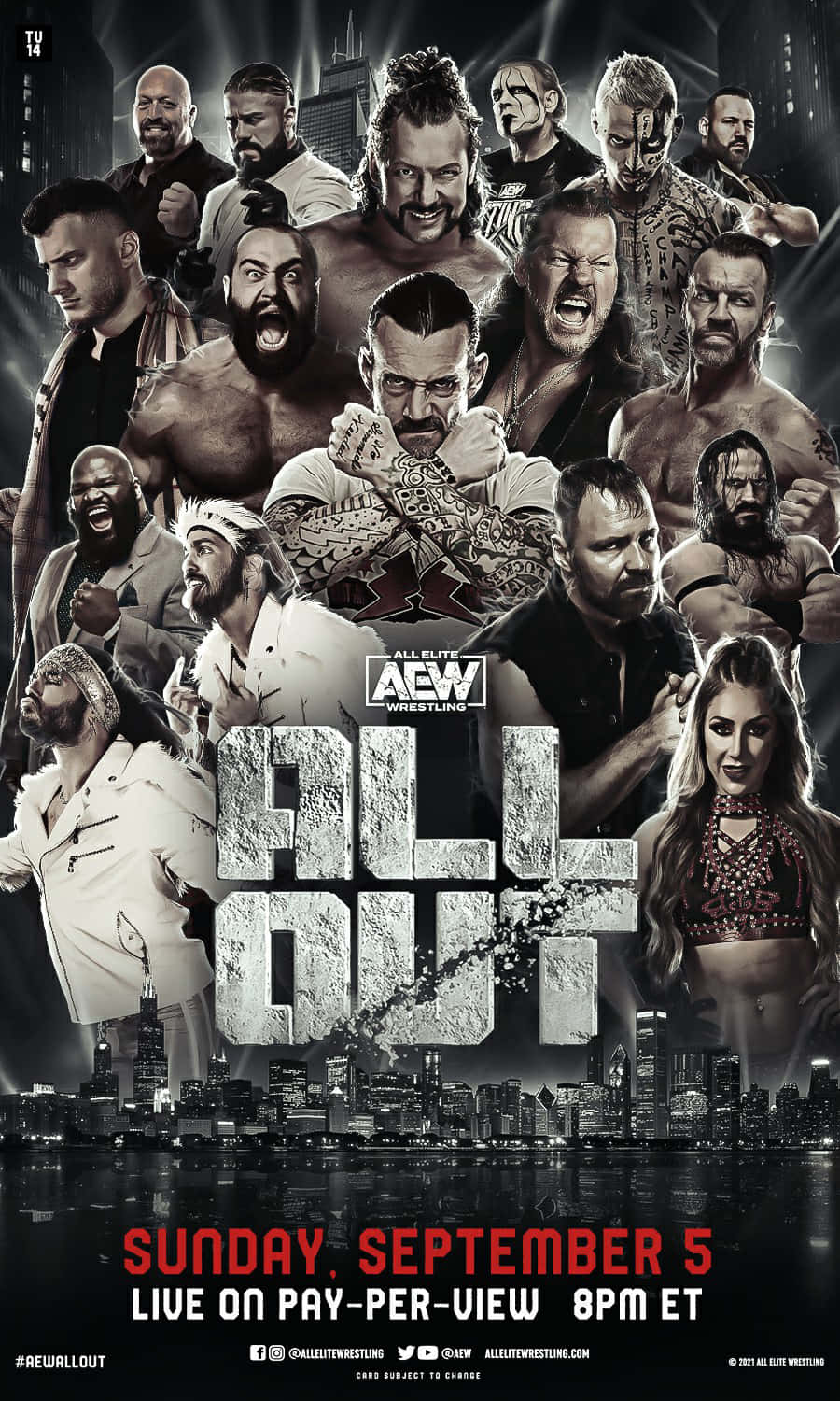 Aew 桌布 壁紙 — 一張粗糙的黑白拼貼畫，AEW 摔角手在夜間城市天際線上激烈擺姿勢。