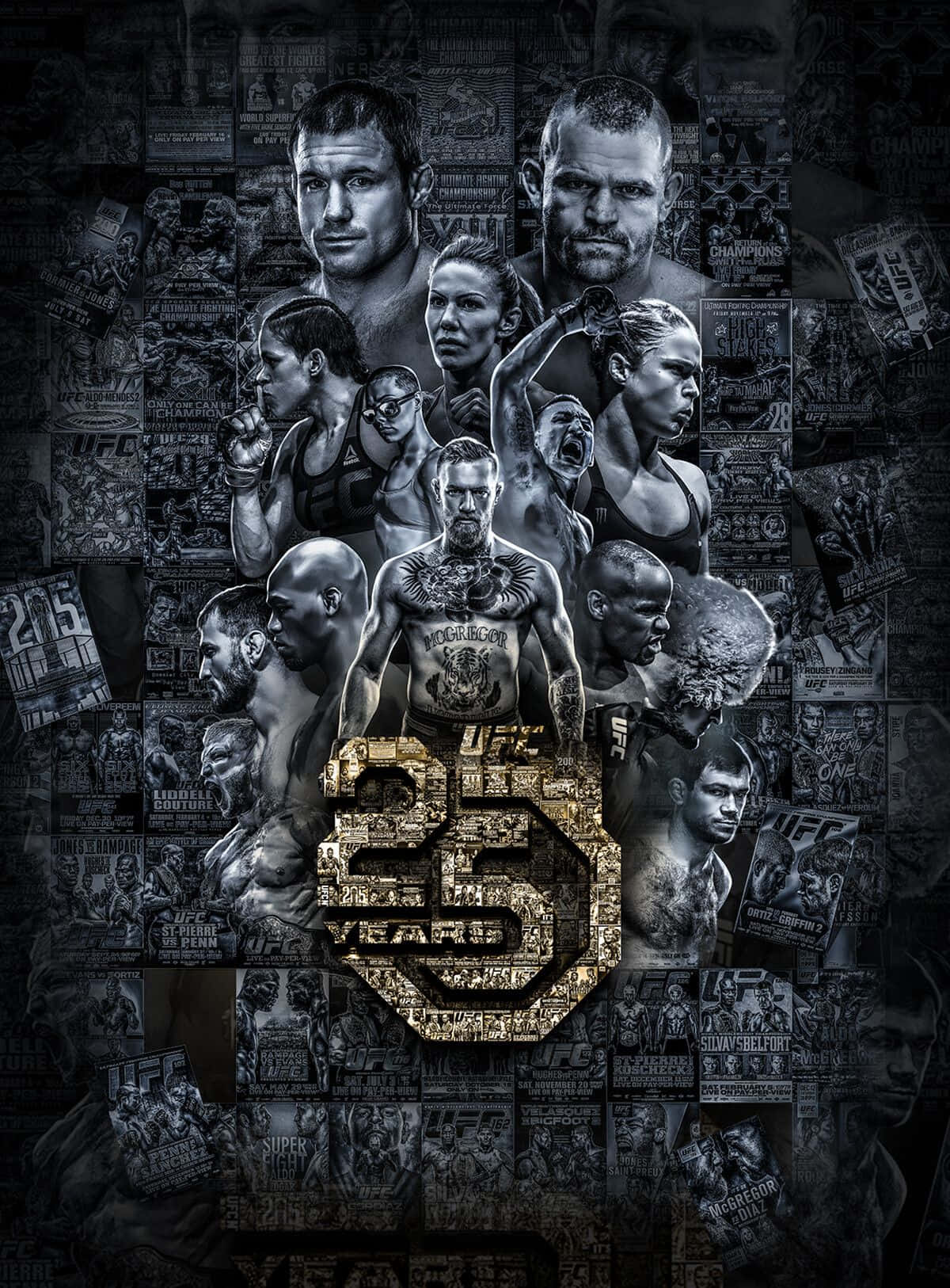 UFC 桌布 壁紙 — 一張粗糙的黑白拼貼畫，展示UFC拳手和海報，中央有金色標誌慶祝25週年。