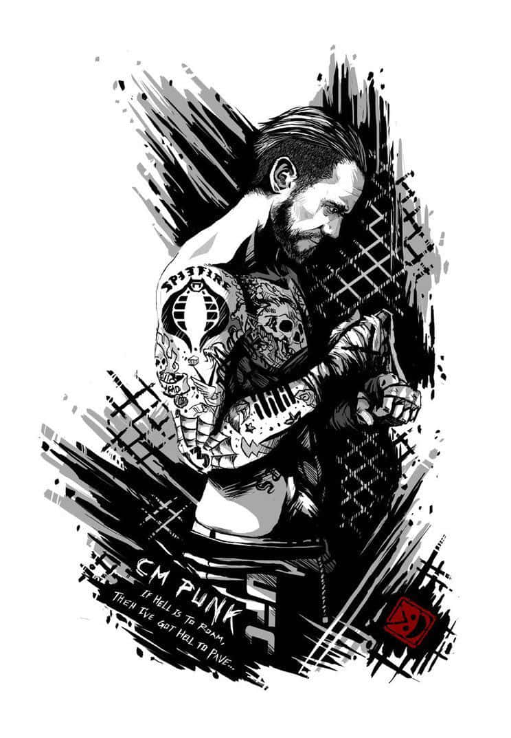 MMA 桌布 壁紙 — 一張粗糙的黑白插圖，描繪了摔角手CM Punk，帶有刺青和強烈的表情。