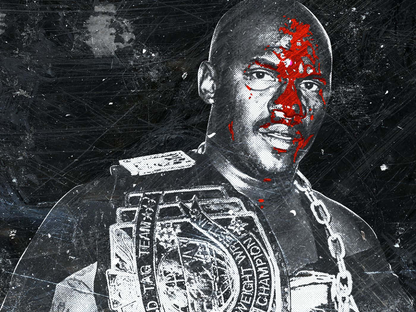 HD Sports 桌布 壁紙 — 一張粗糙的黑白肖像，描繪一名摔角手臉上帶有紅色血跡，並佩戴冠軍腰帶。