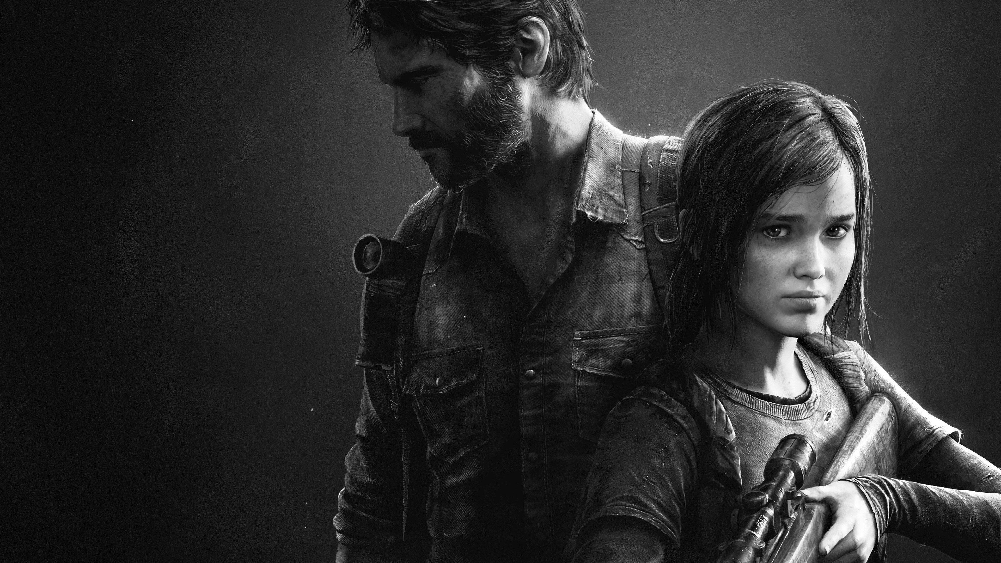 Best Ps4 桌布 壁紙 — 一張粗糙的黑白肖像，描繪兩位穿著破舊衣服的倖存者在黑暗背景下手持武器。