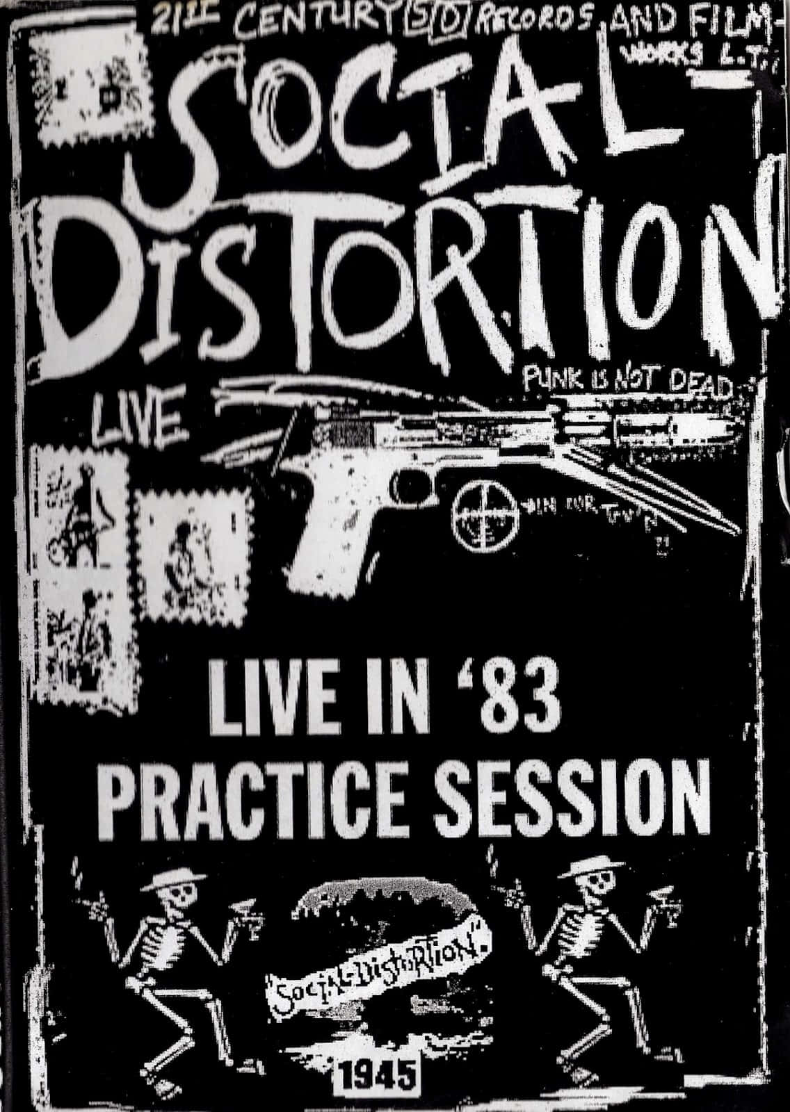 黑白 桌布 壁紙 — 一張粗糙的黑白龐克海報，為 Social Distortion 1983 年的現場練習環節設計，特色是跳舞的骷髏和步槍圖案。