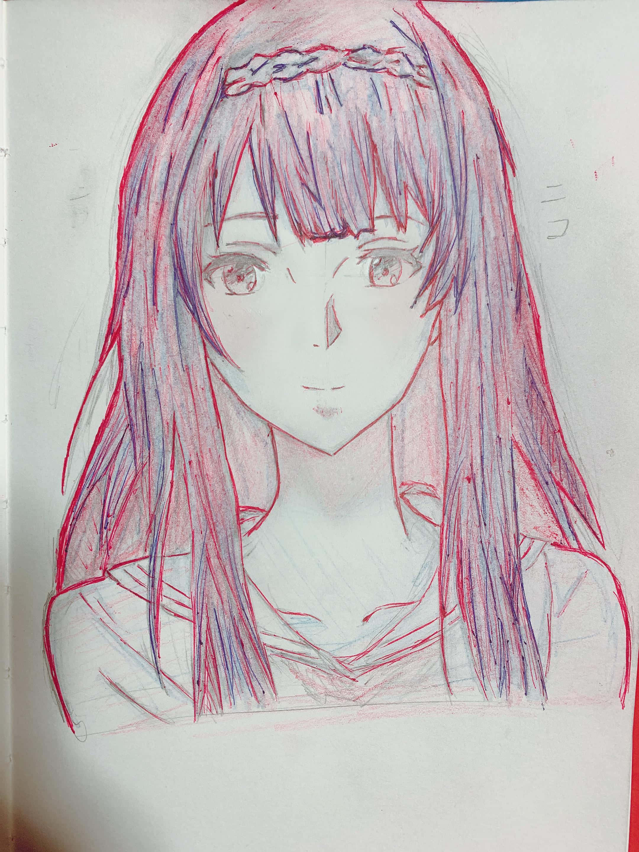 Luculia Marlborough 桌布 壁紙 — 一張精緻的動漫女孩素描，紅藍髮色，戴著頭帶，畫在白紙上。