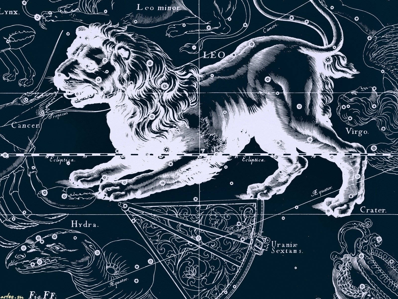 Leo 桌布 壁紙 — 一張精緻的復古星圖描繪了獅子座，如一頭雄偉的獅子，被標有標籤的天體圖案環繞，背景為深海軍藍色。