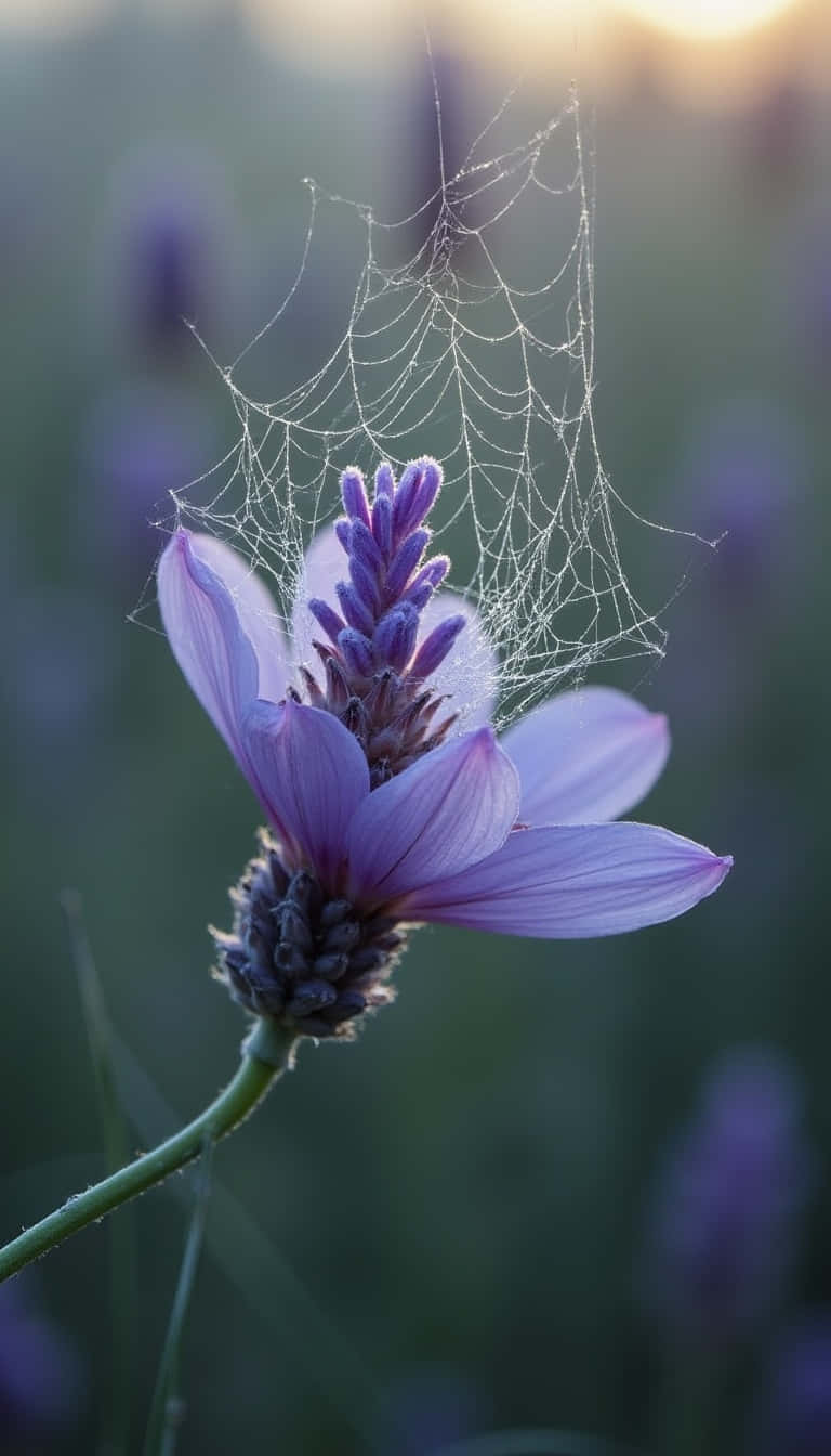 Flower 壁紙 — 一張精緻的蜘蛛網在日出時分，於模糊的綠色田野背景上，在一朵柔和的紫色薰衣草花上閃閃發光。