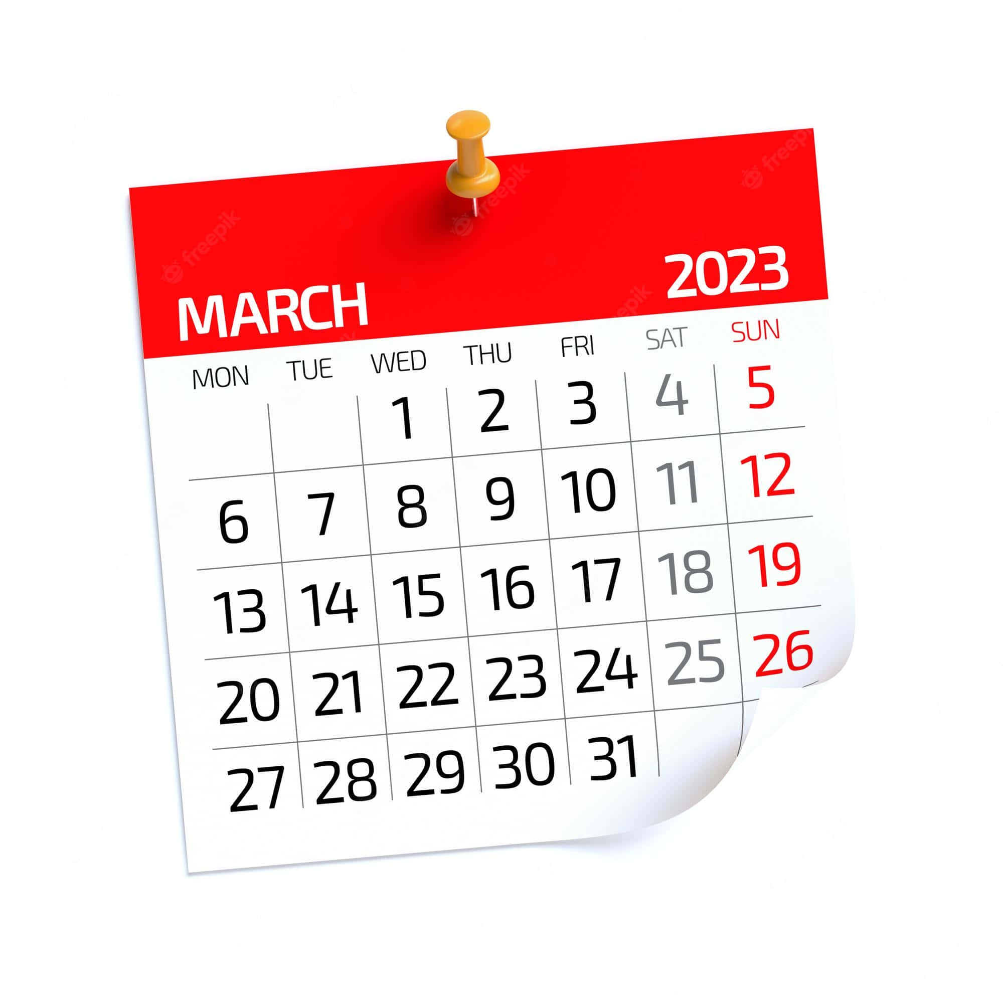 March 桌布 壁紙 — 一張紅白相間的2023年3月日曆頁，用黃色圖釘固定在潔白的背景上。