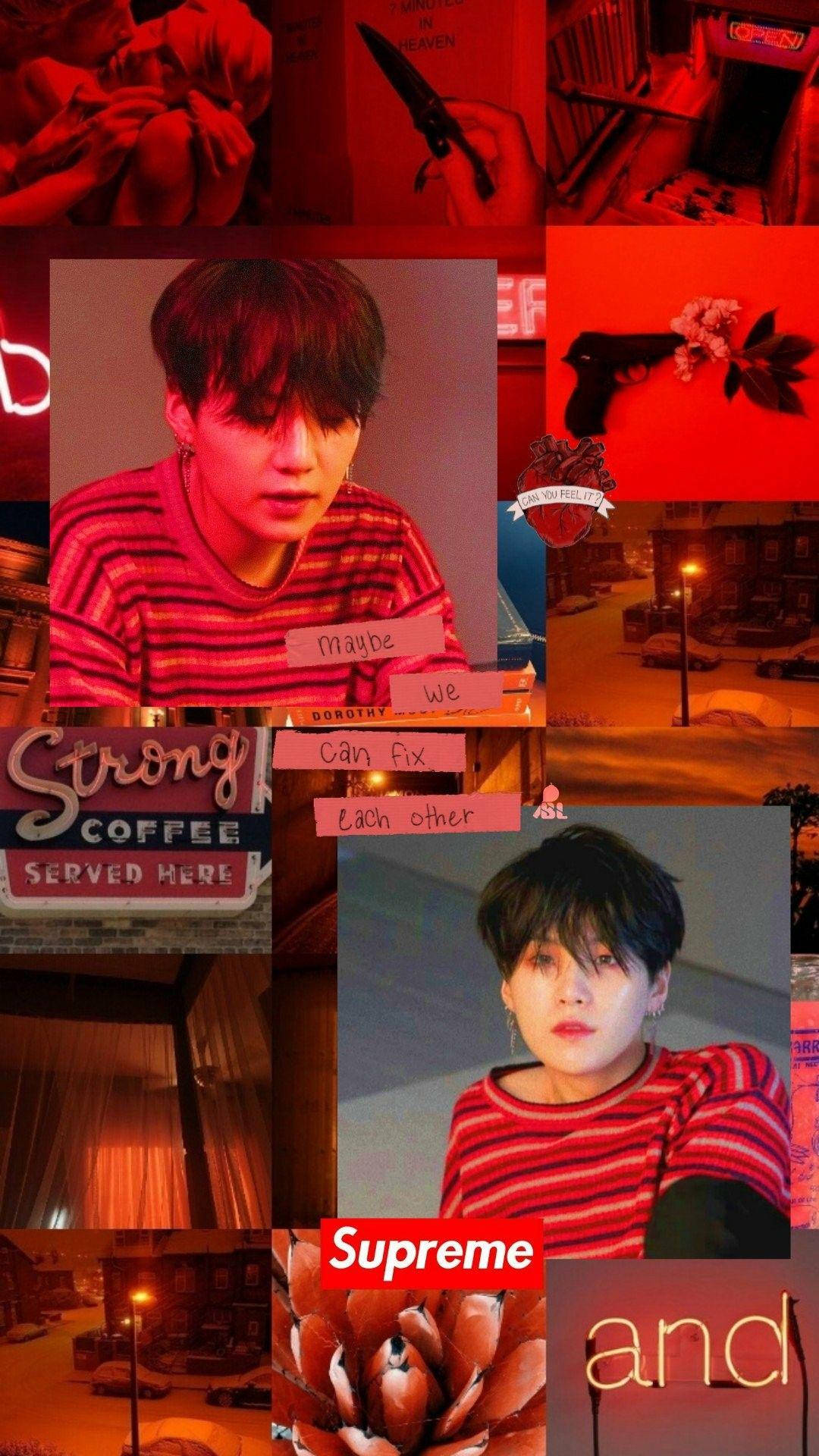 Bts Aesthetic 桌布 壁紙 — 一張紅色調的拼貼畫， featuring 兩名身穿條紋襯衫的年輕男子、城市夜景、咖啡店招牌和花卉圖案，並帶有手寫文字疊加。