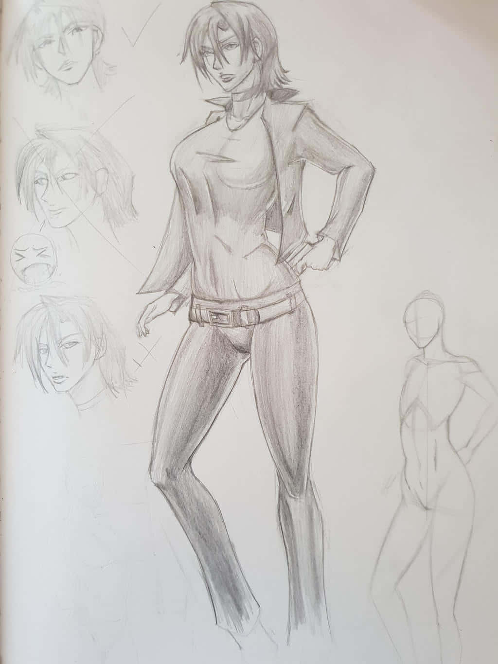 Cowboy Bebop Electra 桌布 壁紙 — 一張紙上繪有動漫風格角色的詳細鉛筆素描，包含多種面部表情和身體姿勢。