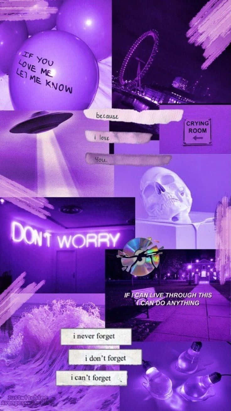 Aesthetic Purple 桌布 壁紙 — 一張紫色調的拼貼畫，包含情感語錄、頭骨、UFO和城市燈光，喚起憂鬱的內省。