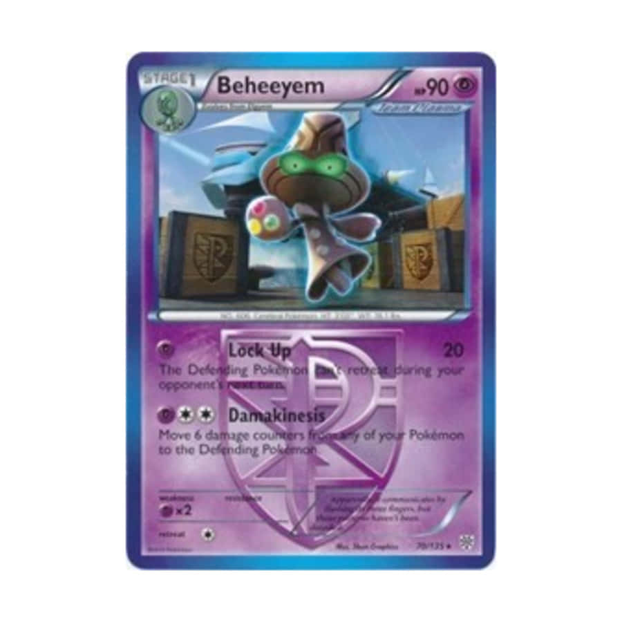Pokemon Card 桌布 壁紙 — 一張紫色邊框的寶可夢卡，顯示比希耶姆漂浮在木箱上方，帶有發光的綠色眼睛和彩色球體。