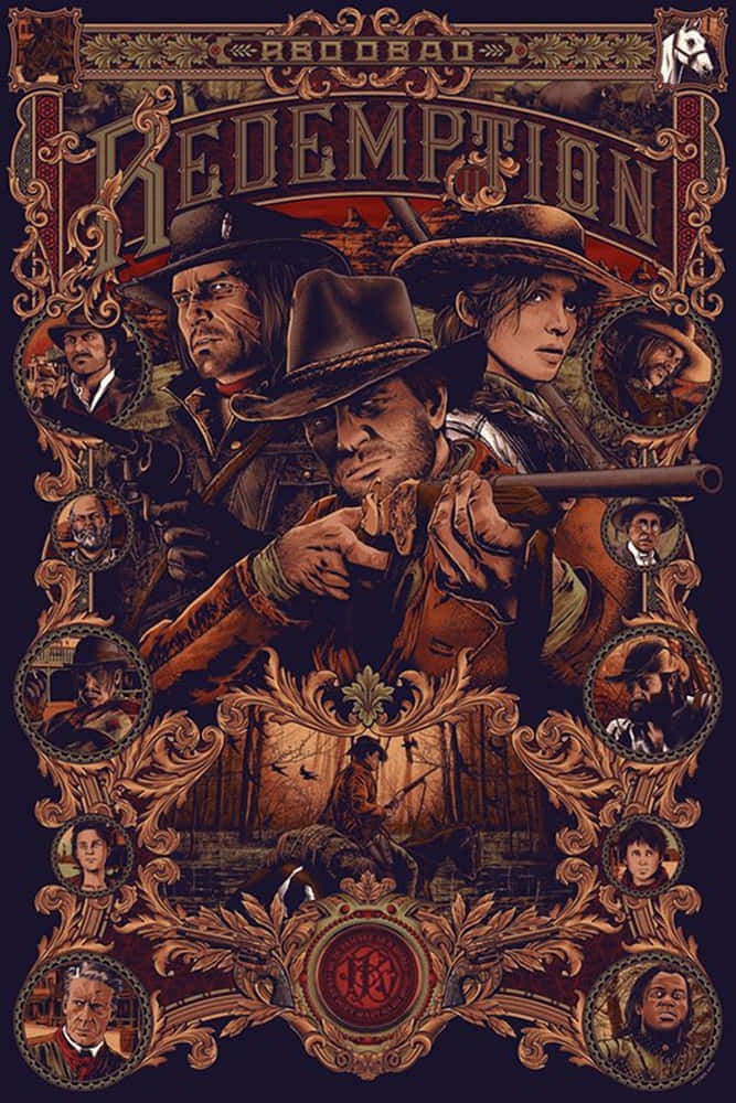 電玩遊戲 桌布 壁紙 — 一張細節豐富的 Red Dead Redemption 復古海報，飾有華麗的金色邊框和多幅粗獷西部角色的肖像。